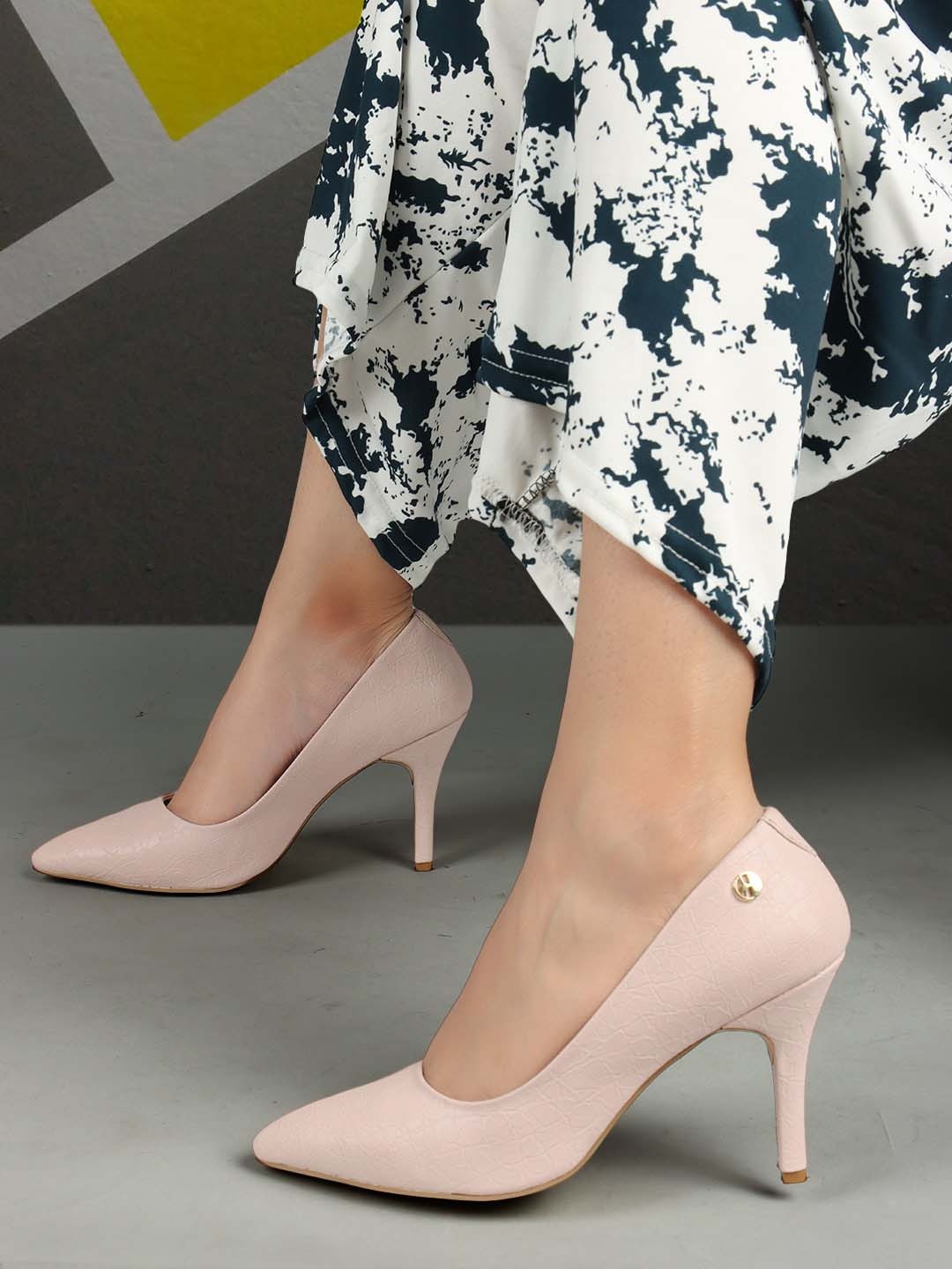 

ELLE Textured Pointed Toe Slim Heel Pumps, Peach