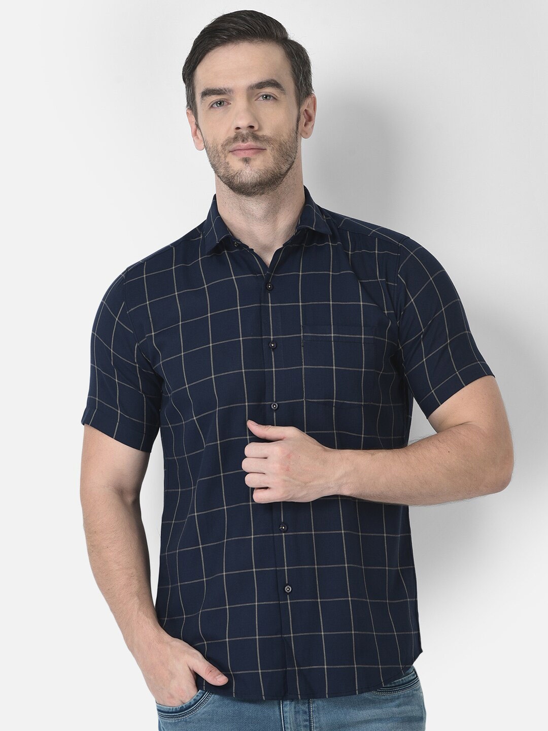 

Zeal Standard Windowpane Checks Opaque Cotton Casual Shirt, Navy blue