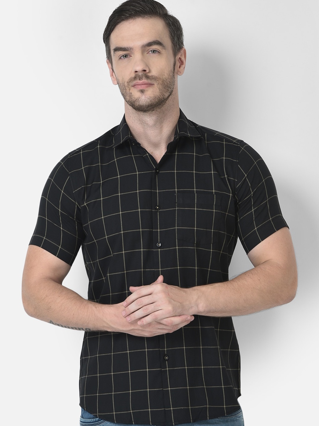 

Zeal Standard Windowpane Checks Opaque Pure Cotton Casual Shirt, Black