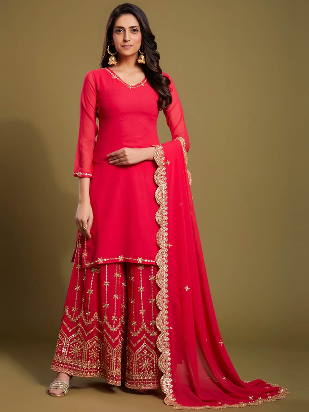 

ODETTE Ethnic Motifs Embroidered Sequinned Kurta with Palazzos & With Dupatta, Pink