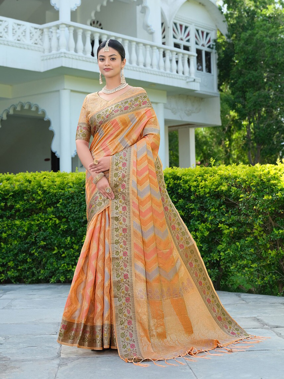 

GAJARAI Woven Design Zari Organza Saree, Orange