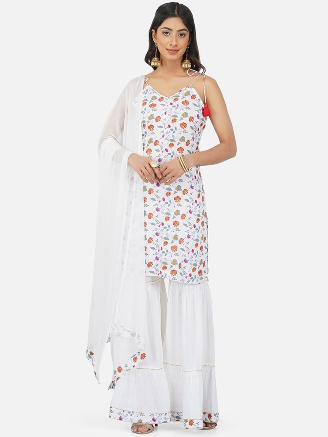 

METRO-FASHION Shoulder StrapsFloral Printed Pure Cotton Kurti with Sharara & With Dupatta, White