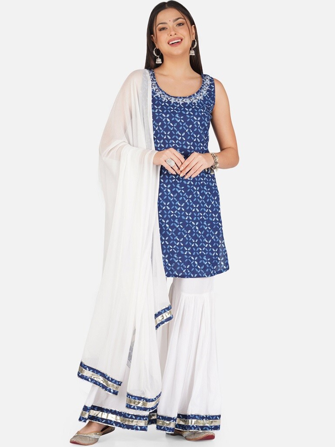 

METRO-FASHION Ethnic Motifs Printed Mirror Work Pure Cotton Kurti with Sharara & Dupatta, Navy blue