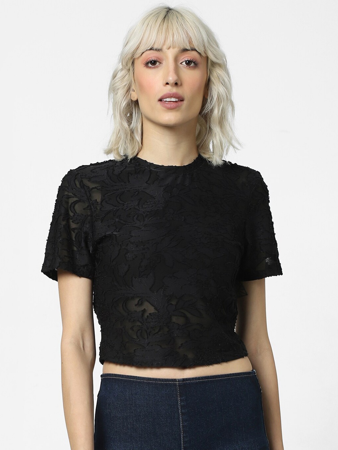 

ONLY Self Design Crop Top, Black