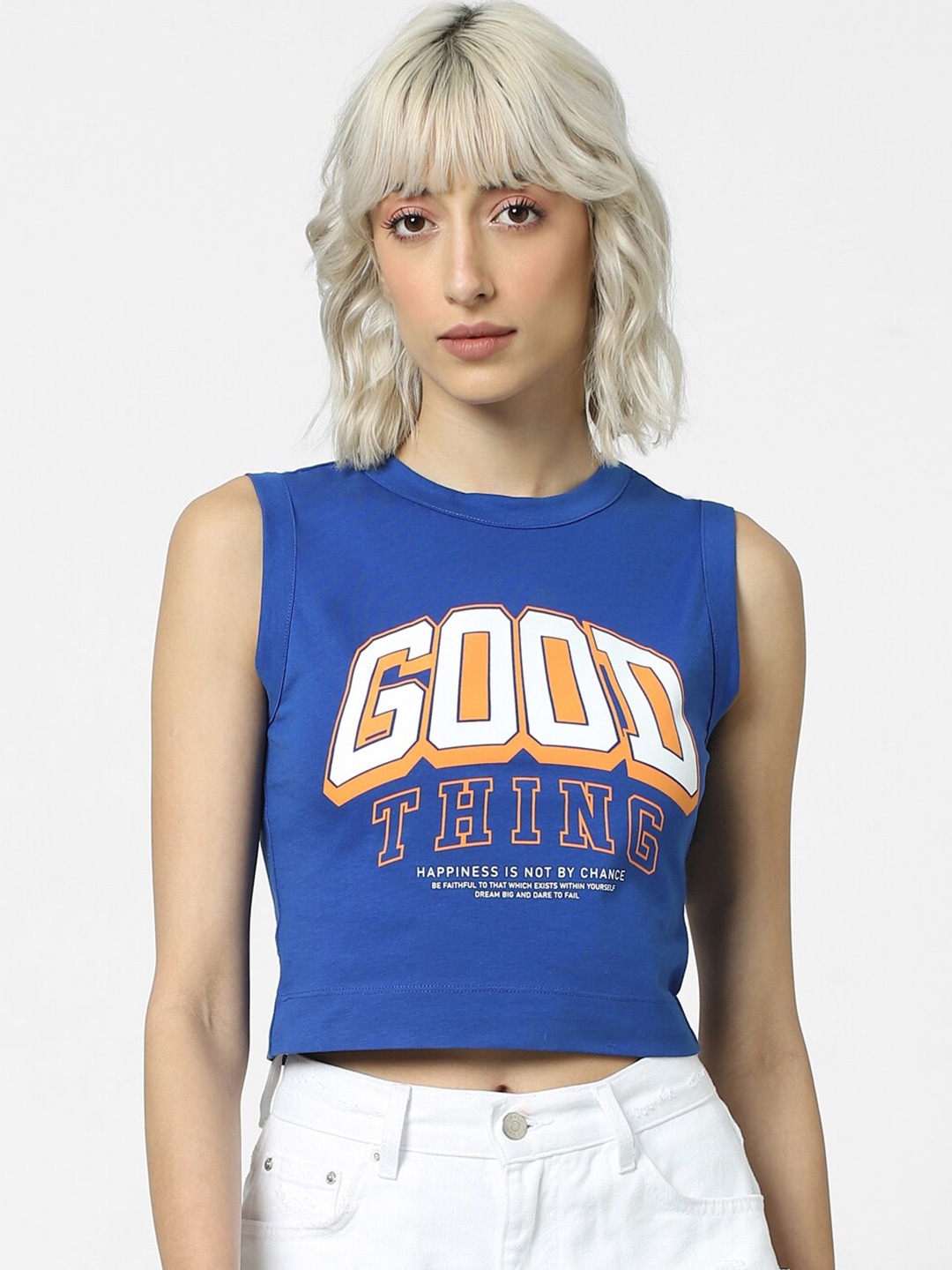 

ONLY Typography Printed Cotton Crop Top, Blue