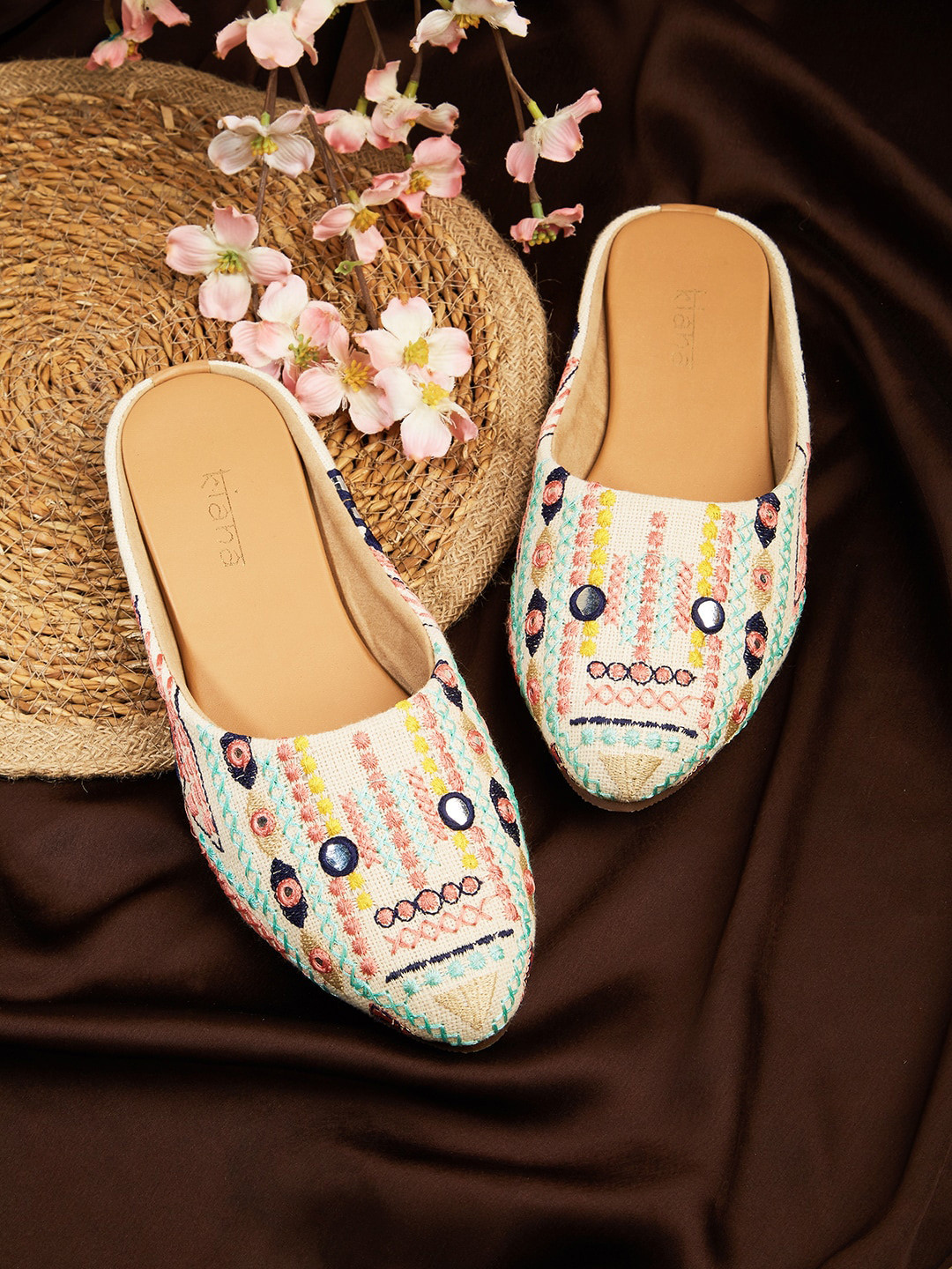 

Kiana House Of Fashion Women Pointed Toe Embroidered Embellished Mules, Cream
