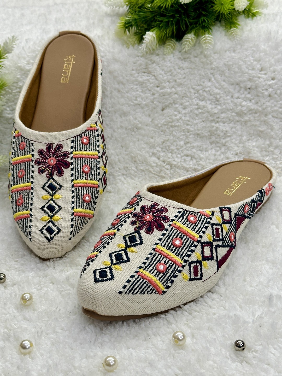 

Kiana House Of Fashion Women Pointed Toe Ethnic Embellished Canvas Mules, Off white