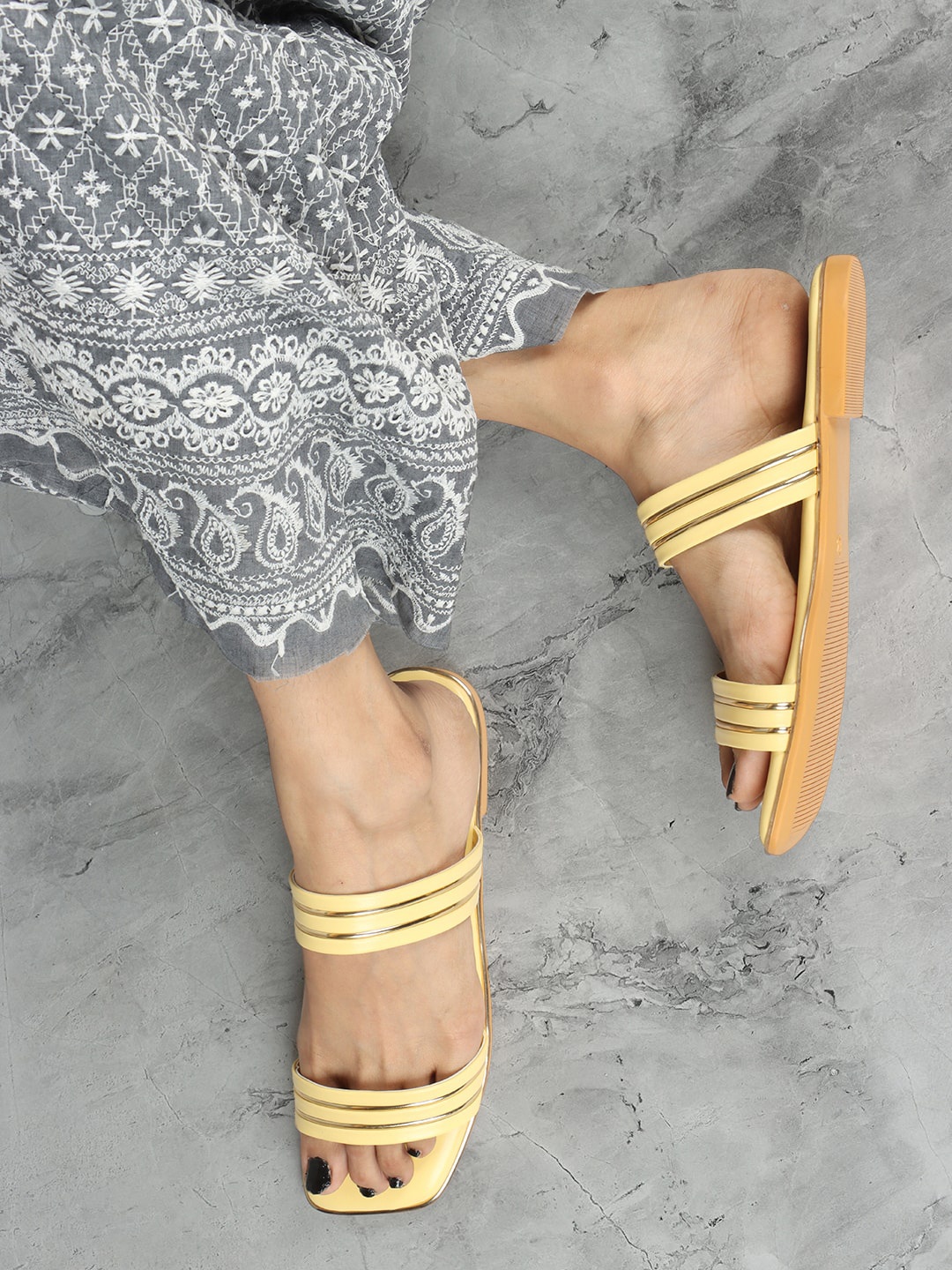 

ELLE Striped Double Strap Open Toe Flats, Yellow