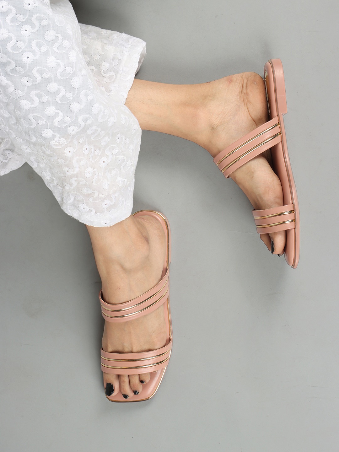 

ELLE Striped Double Strap Open Toe Flats, Peach