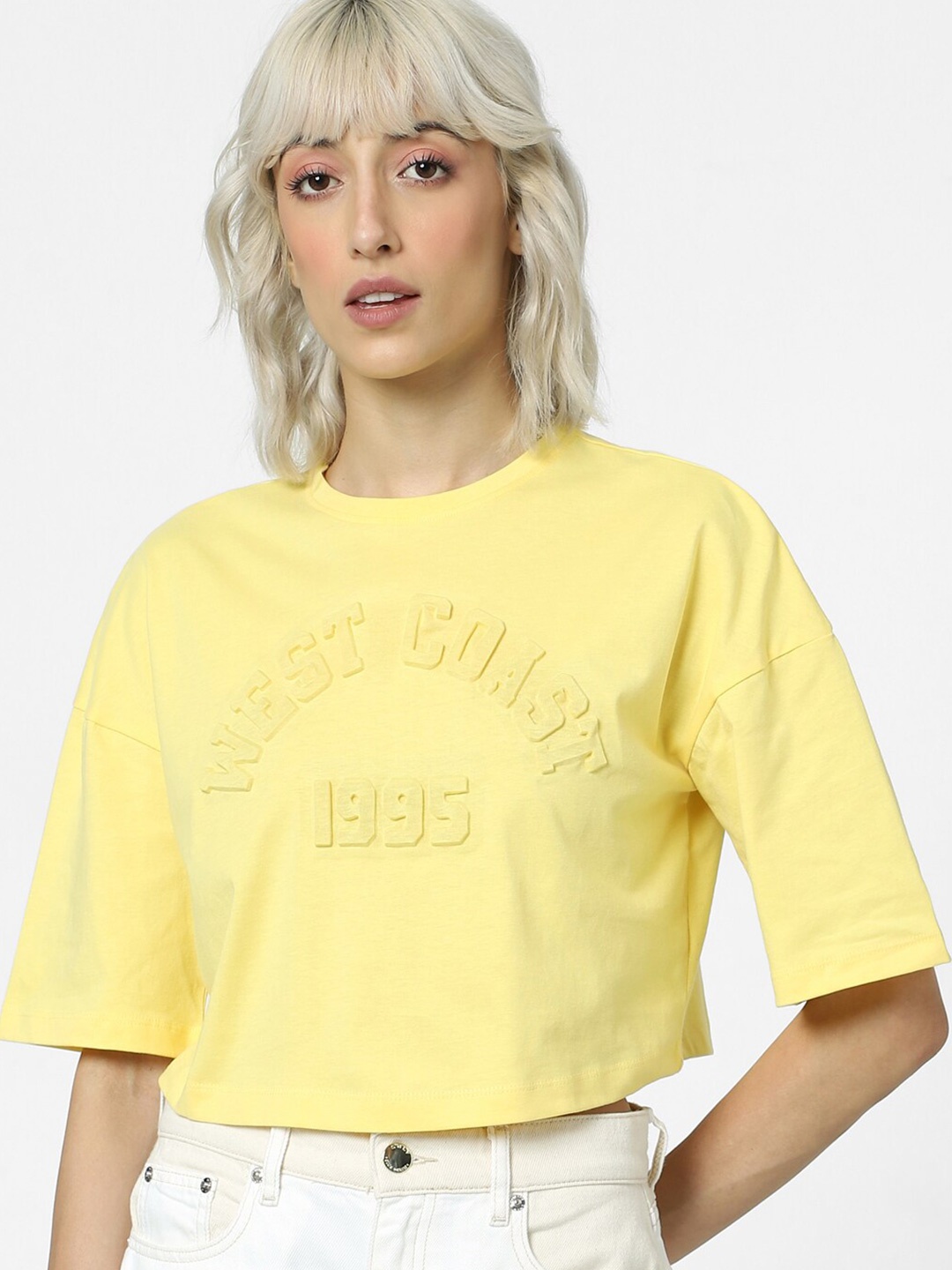 

ONLY Onlcoast S/S Jrs Exp Typography Printed Drop Shoulder Sleeves Cotton T-shirt, Yellow
