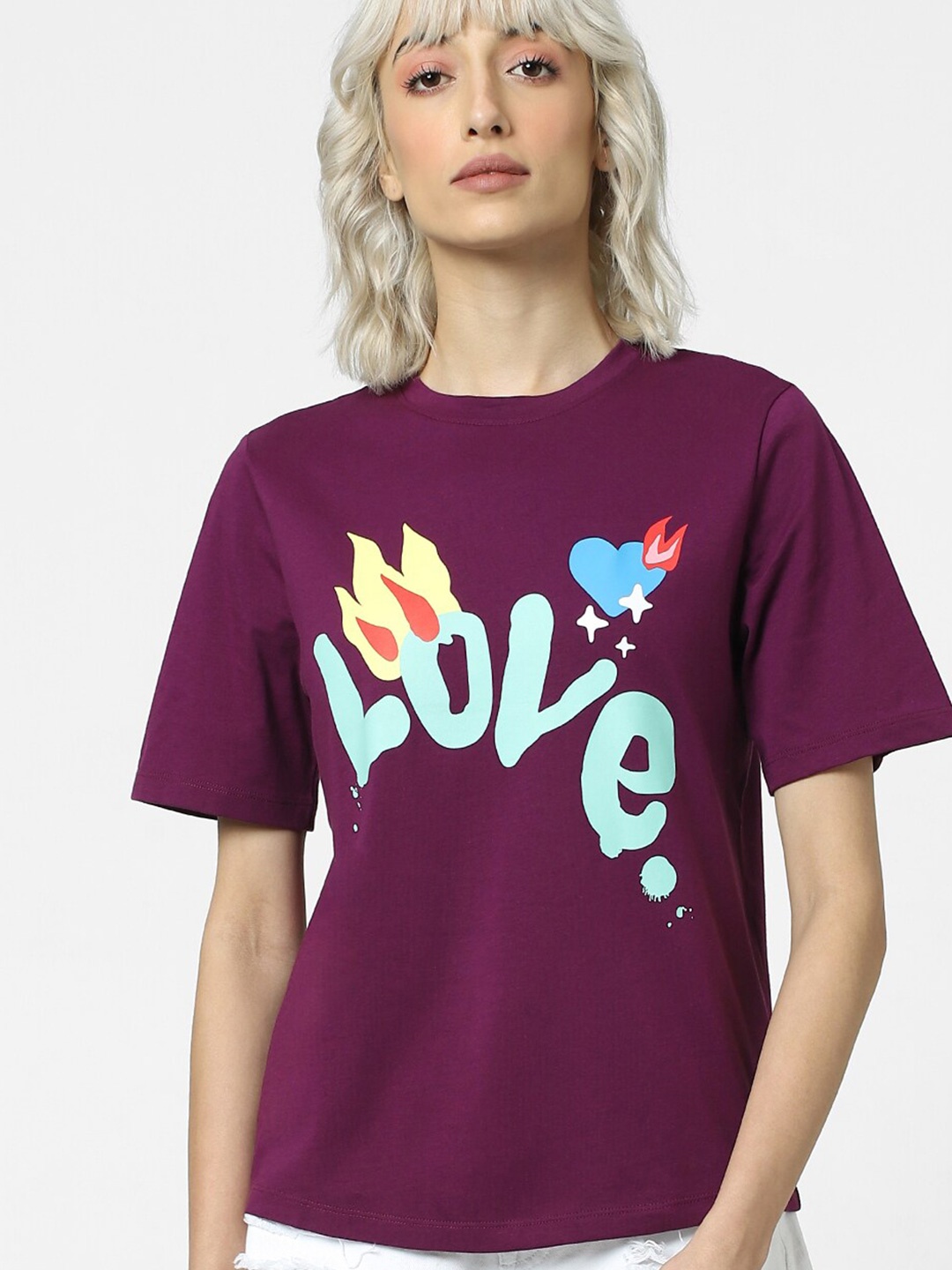 

ONLY Women Typography Printed Cotton T-shirt, Purple