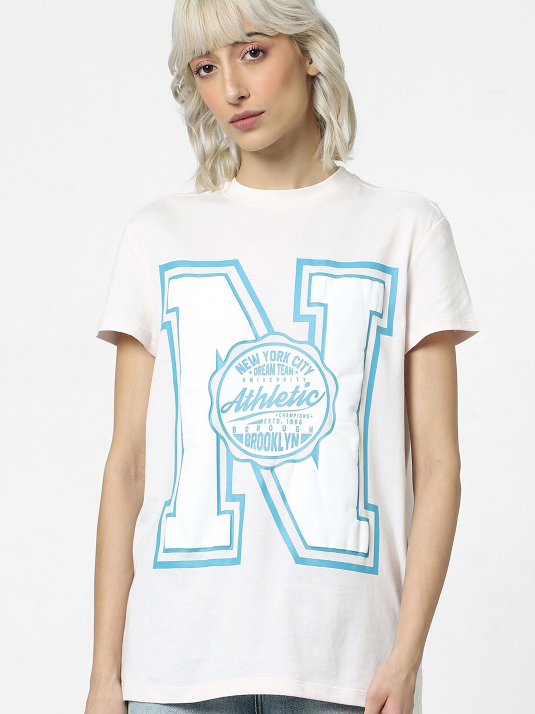 ONLY Onljenga Algona S/S Typography Printed Short Sleeves Cotton T-shirt, White