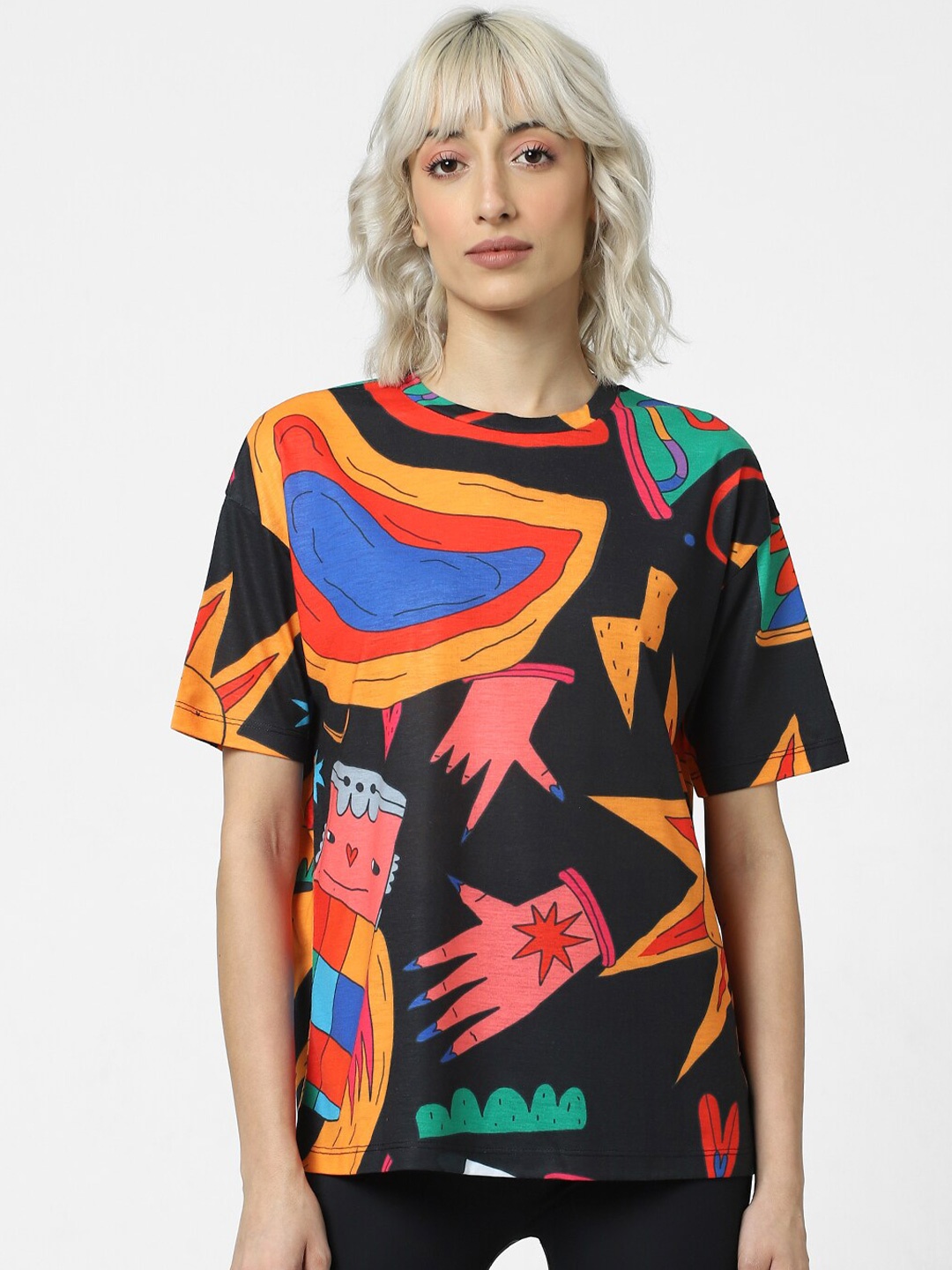 

ONLY Women Abstract Printed Cotton T-shirt, Black