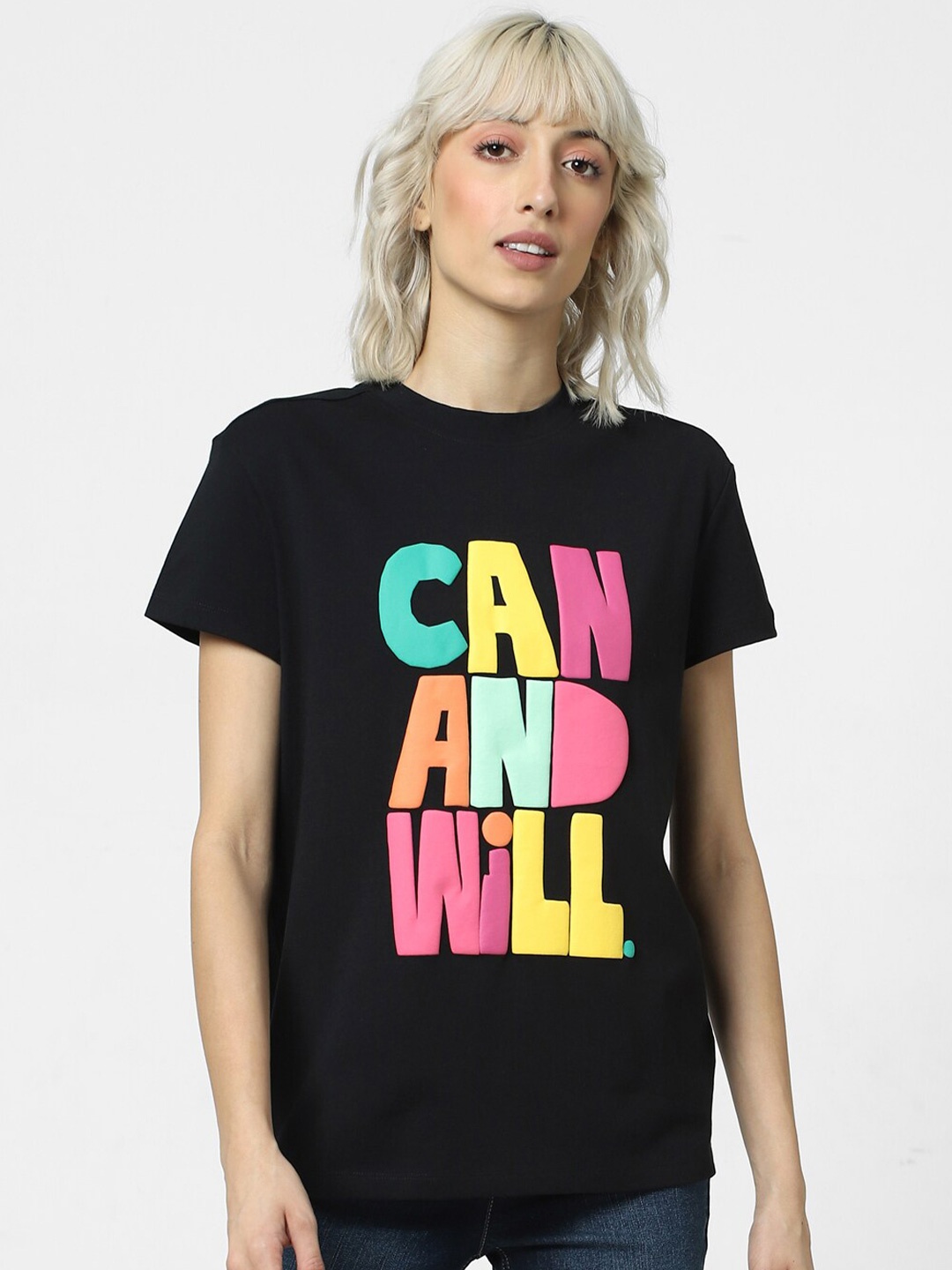

ONLY Onlcan Algona S/S Typography Printed Short Sleeves Cotton T-shirt, Black