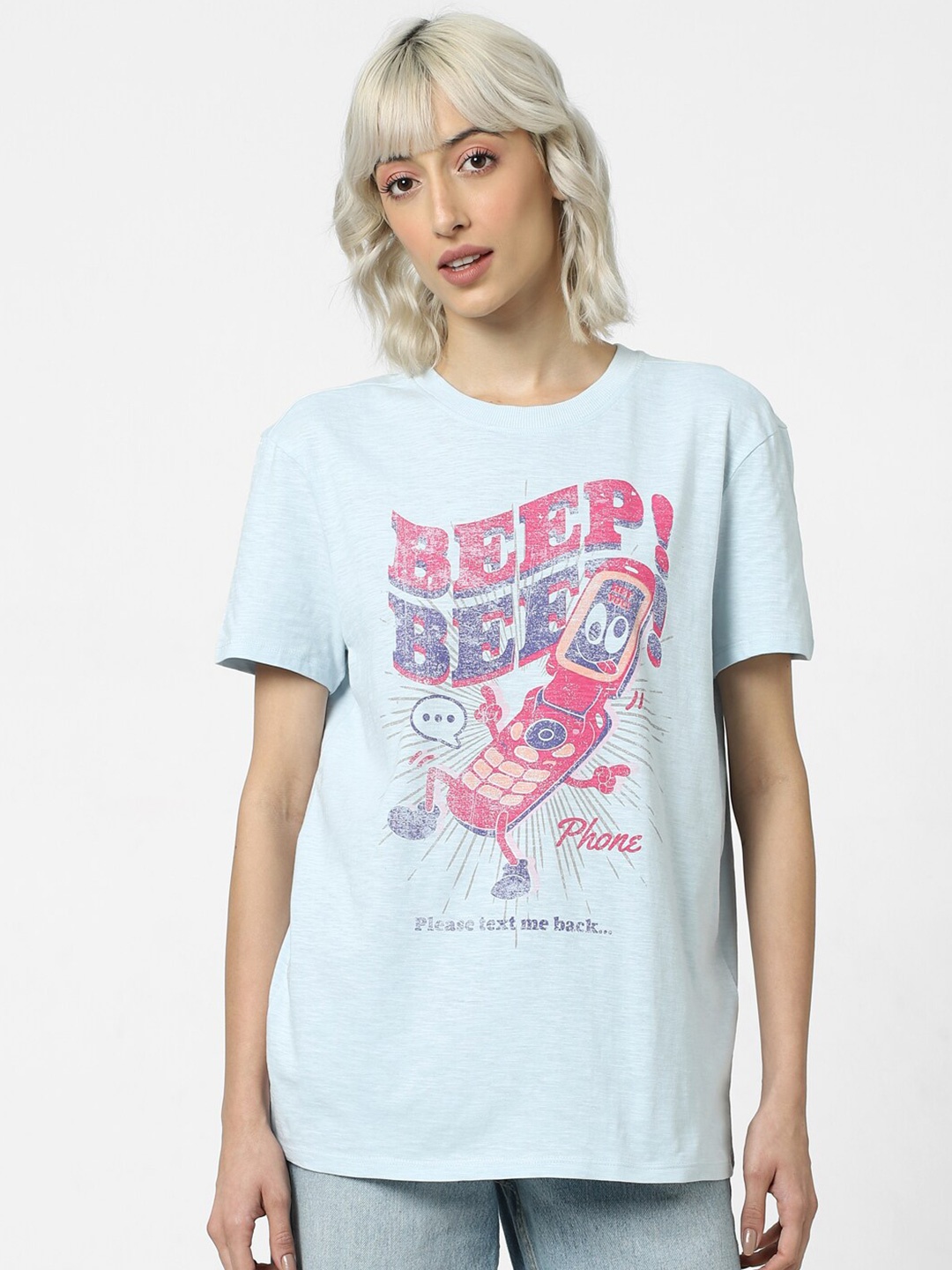 

ONLY Women Typography Printed Cotton T-shirt, Blue
