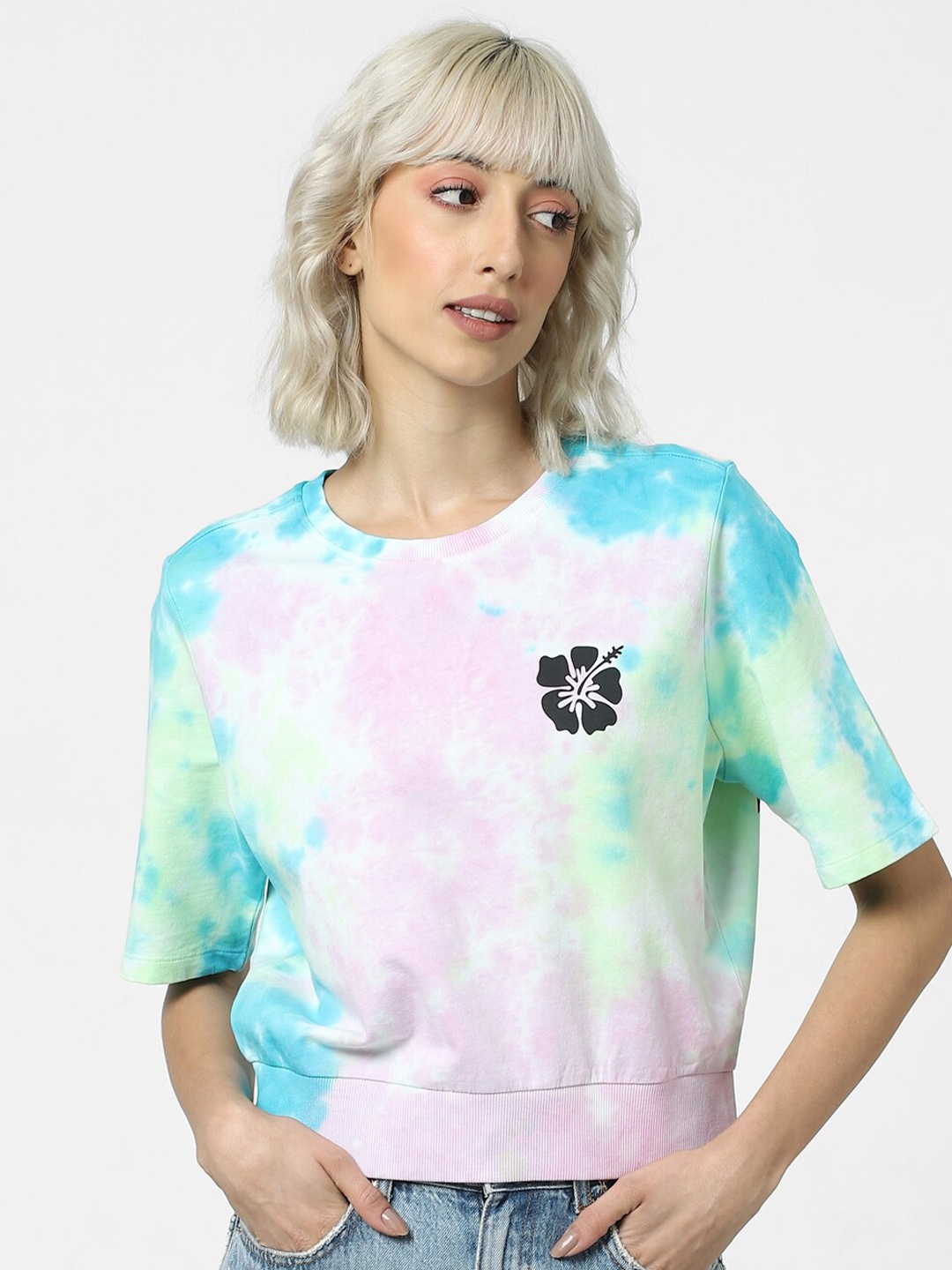 

ONLY Women Tie and Dye Printed Cotton T-shirt, Pink