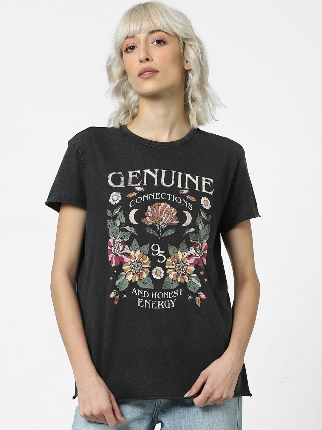 

ONLY Women Graphic Printed Cotton T-shirt, Black