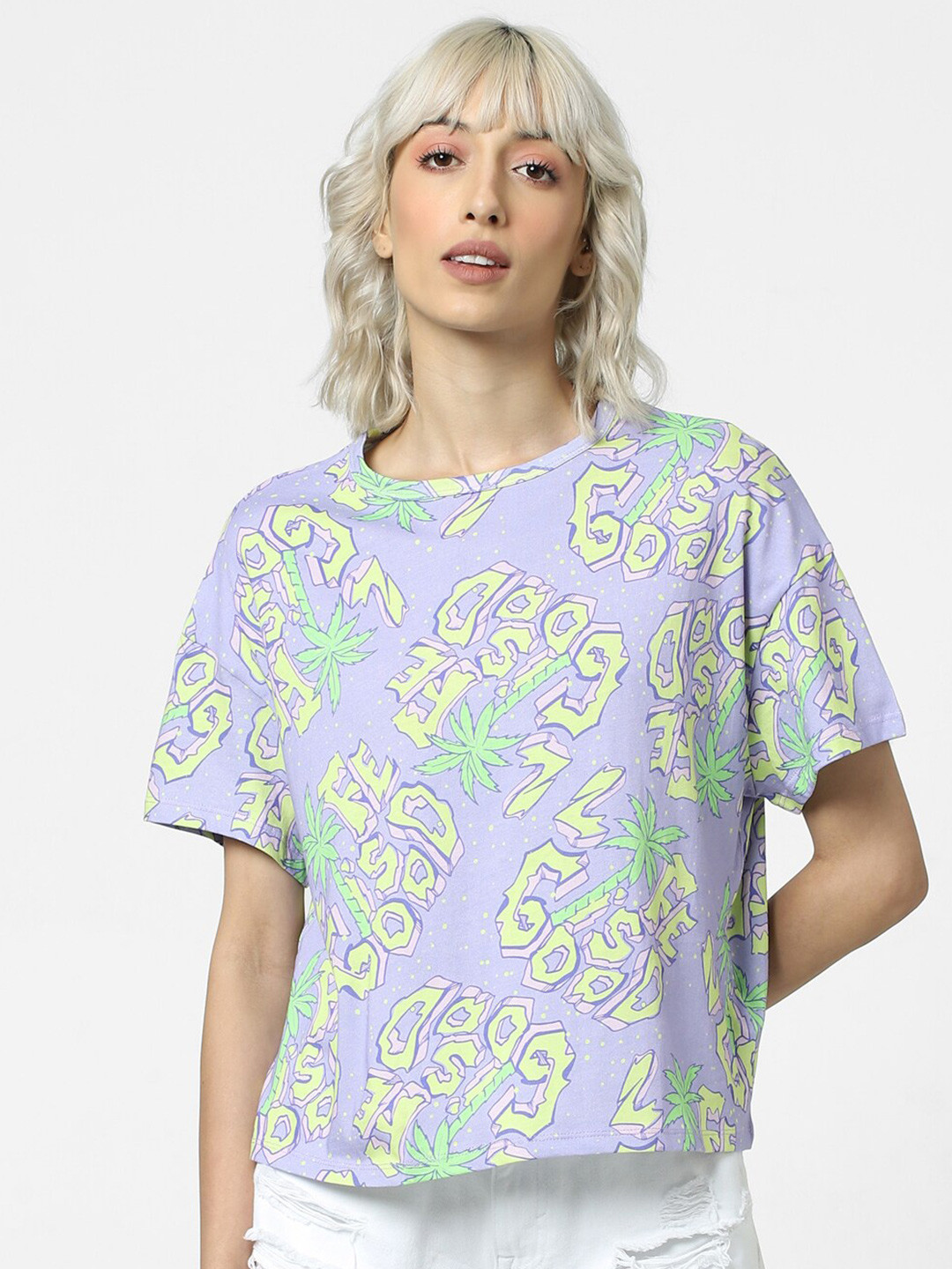 

ONLY Women Conversational Printed Cotton T-shirt, Purple