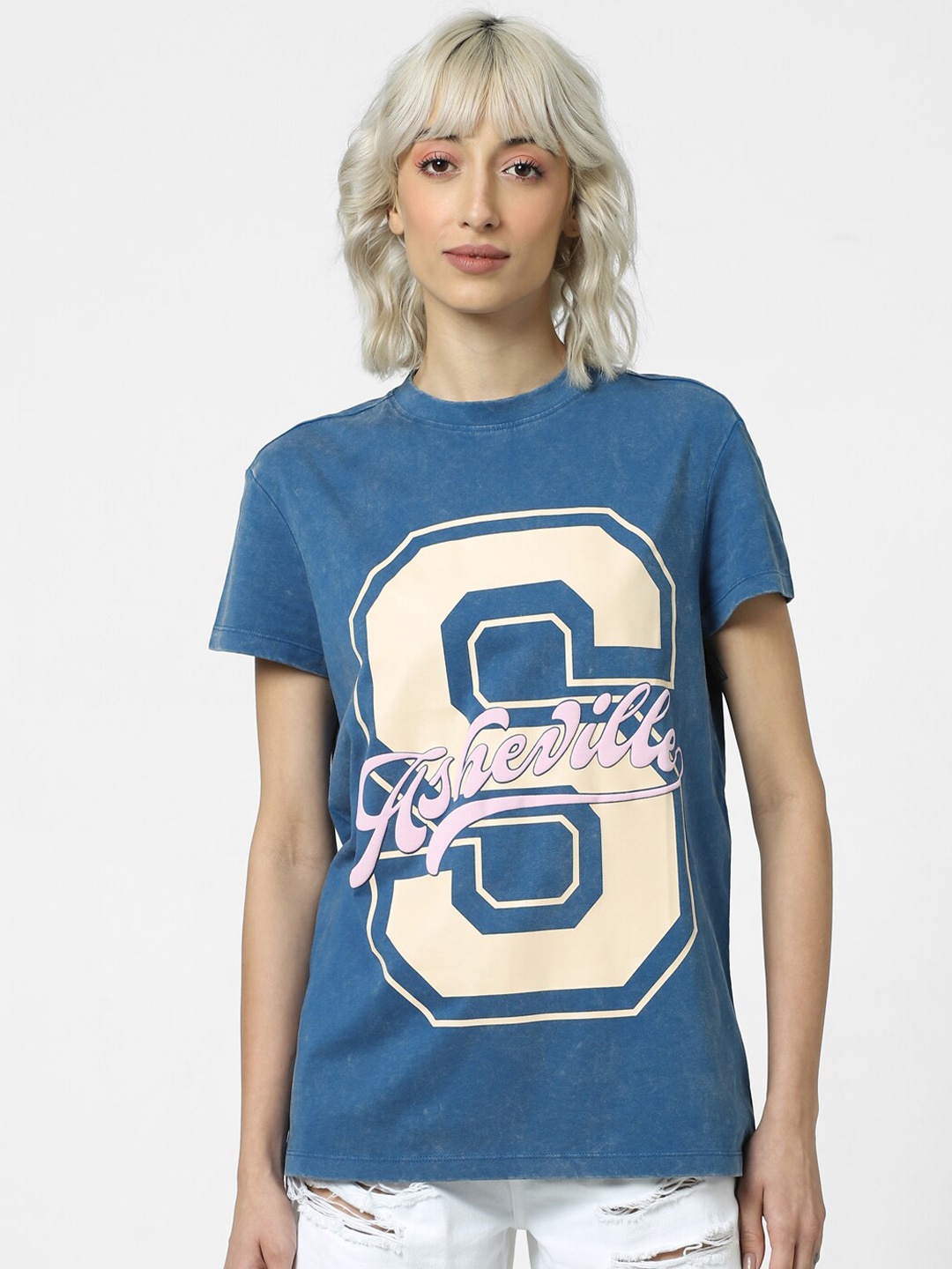 

ONLY Women Typography Printed Cotton T-shirt, Blue