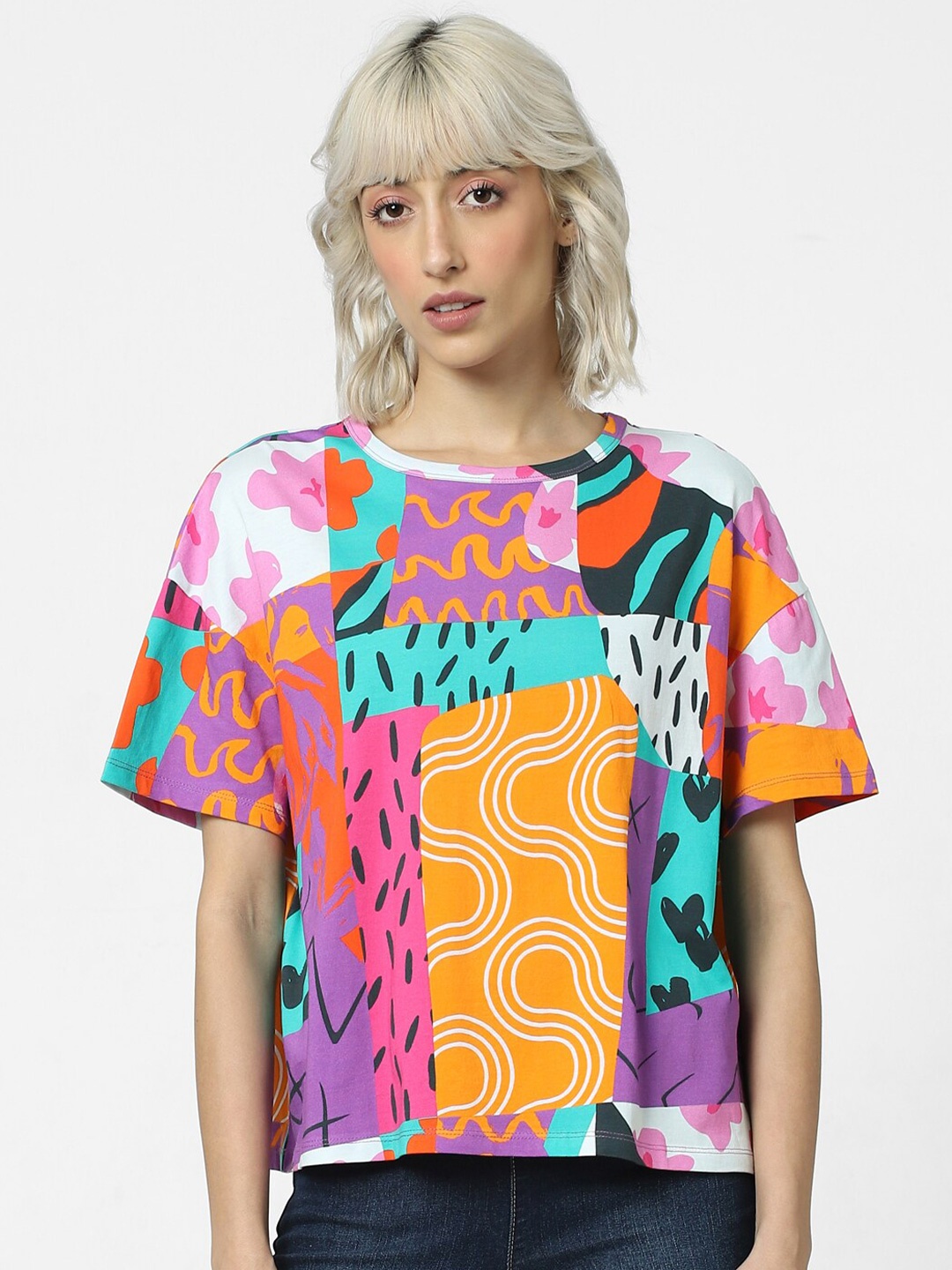 

ONLY Women Abstract Printed Cotton T-shirt, Yellow