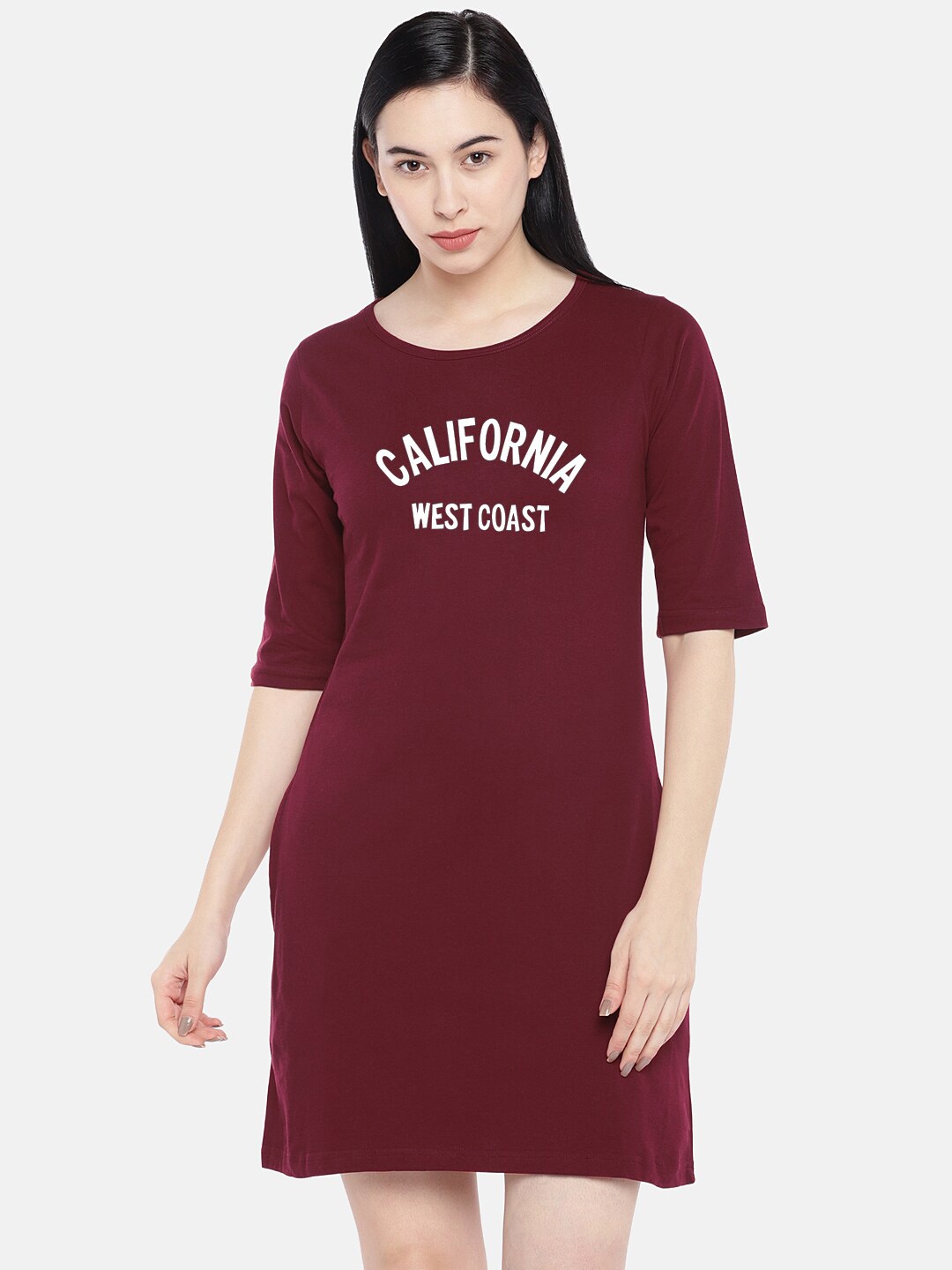 

STATUS MANTRA Alphanumeric Printed Three-Quarter Sleeves Cotton T-shirt Dress, Maroon