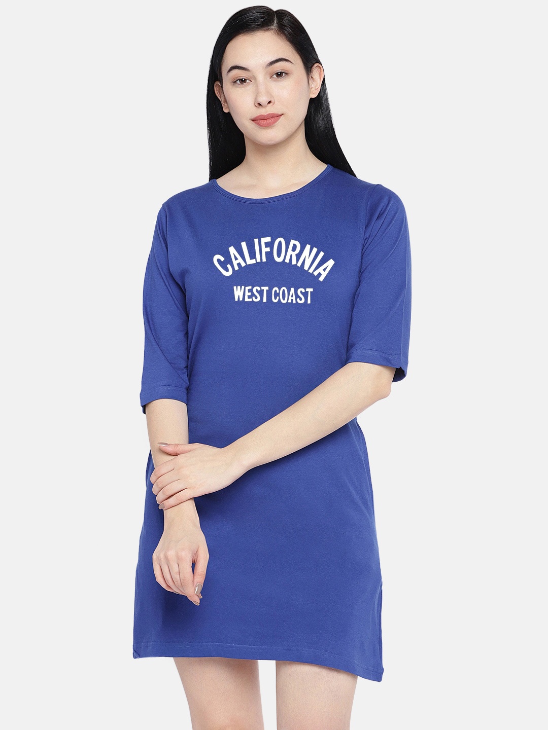 

STATUS MANTRA Typography Printed Round Neck Pure Cotton T-Shirt Dress, Blue