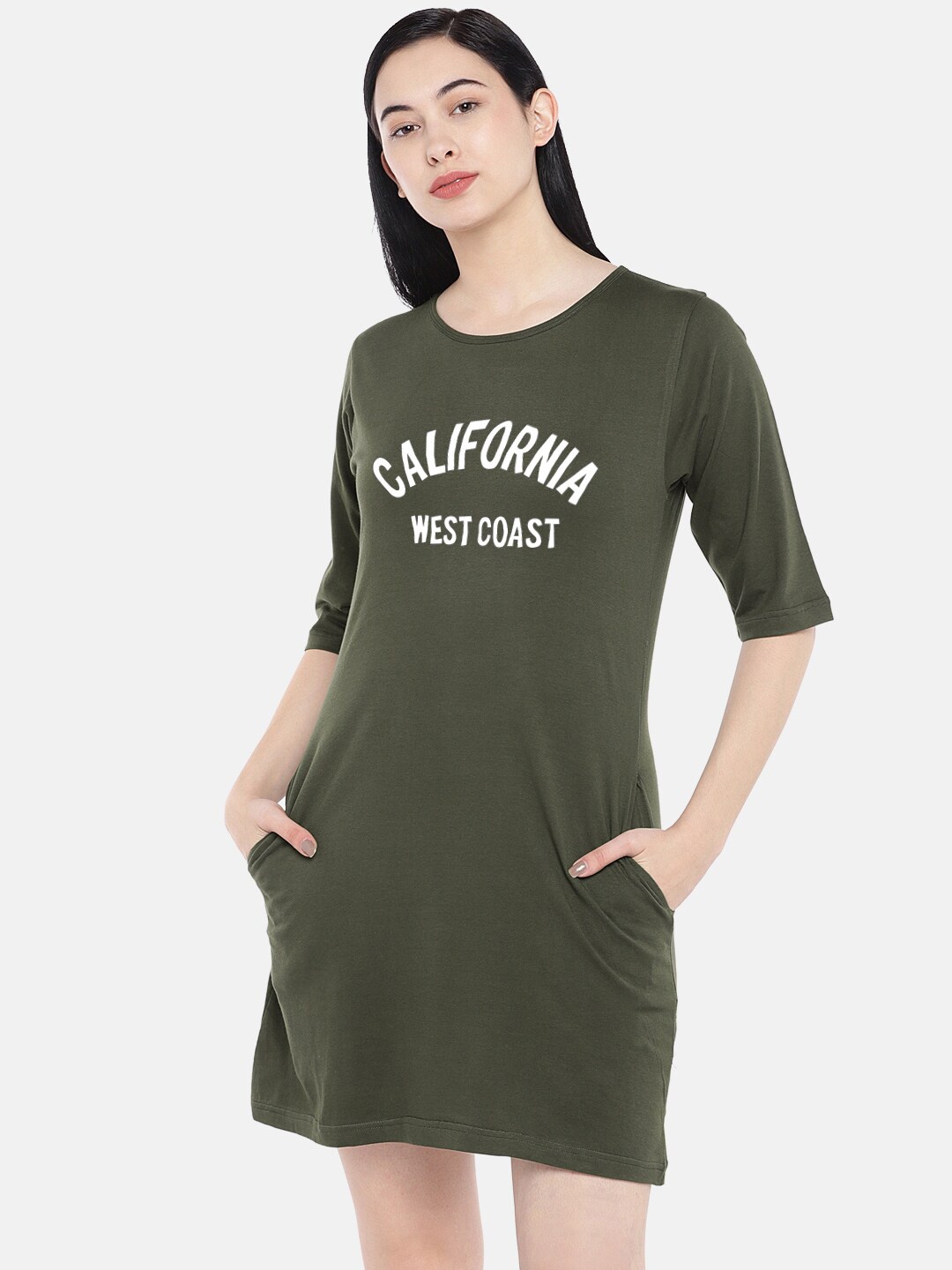 

STATUS MANTRA Typography Printed Round Neck Pure Cotton T-Shirt Dress, Olive