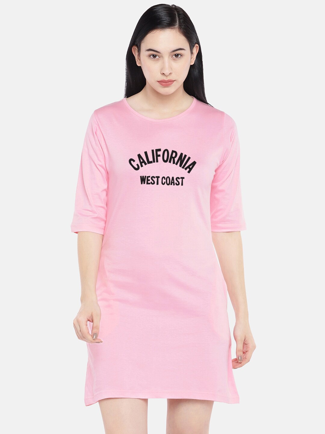 

STATUS MANTRA Alphanumeric Printed Three-Quarter Sleeves Cotton T-shirt Dress, Pink