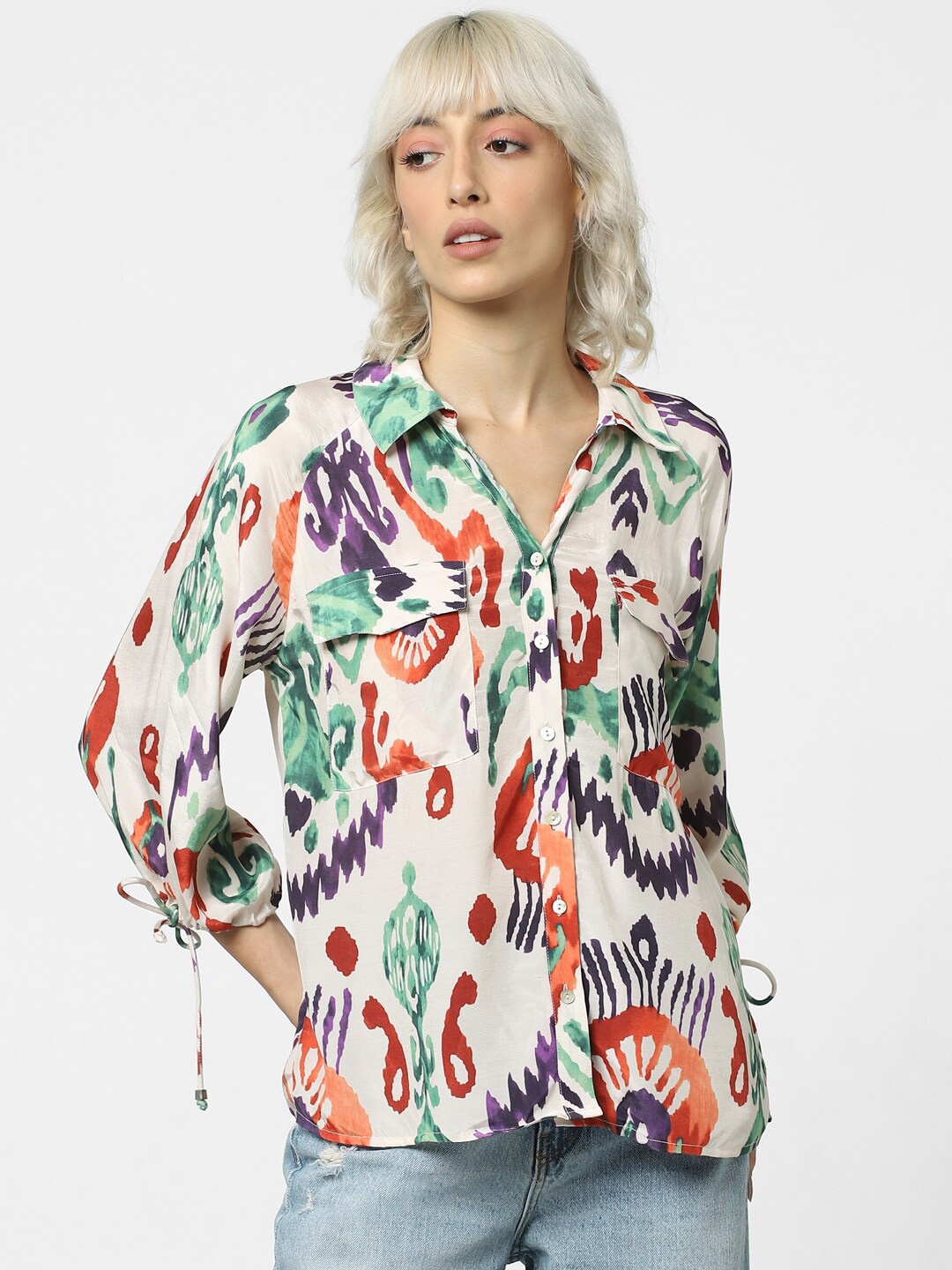 

ONLY Onlbrook Ls Ethnic Motifs Opaque Printed Puff Sleeves Casual Shirt, Beige