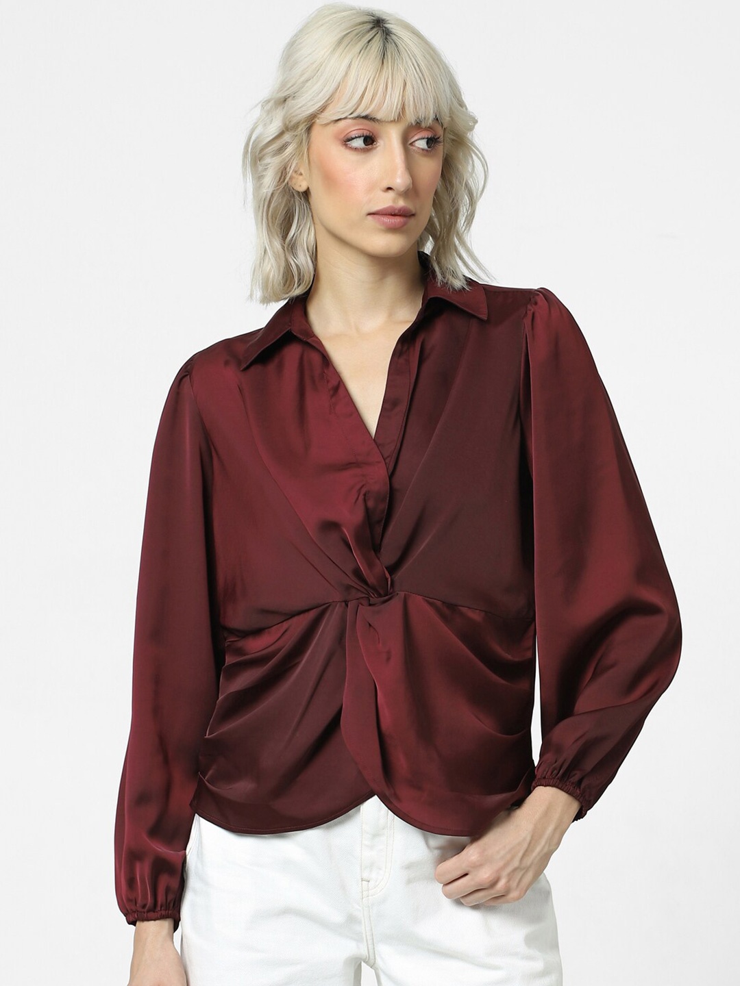 

ONLY Onlpoem Satin Ls Puff Sleeves Twisted Shirt Style Top, Maroon