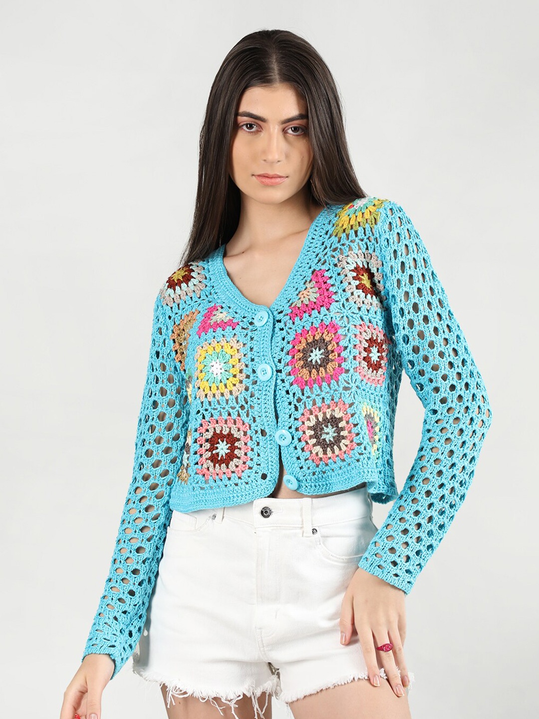 

Dlanxa Blue Floral Self-Design Crochet Top