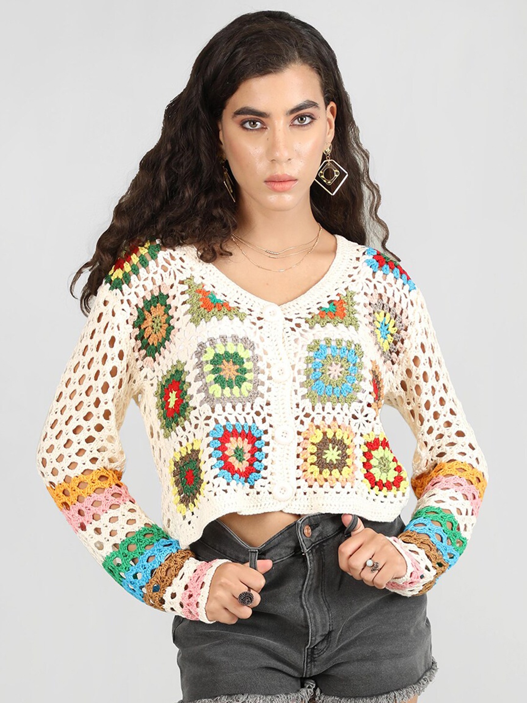 

Dlanxa Floral Self Design Crop Top, White