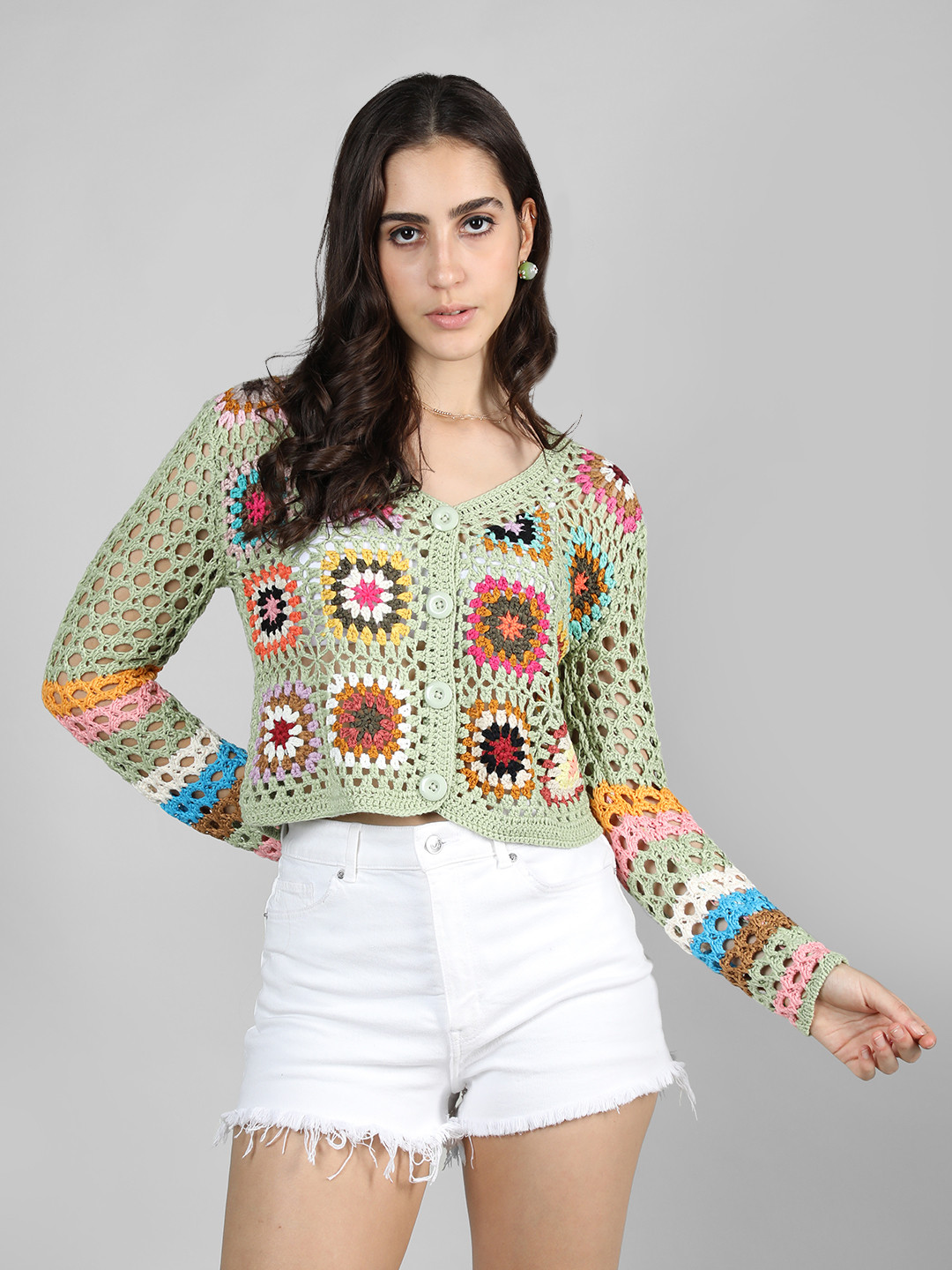 

Dlanxa Floral Self-Design Crochet Top, Lime green