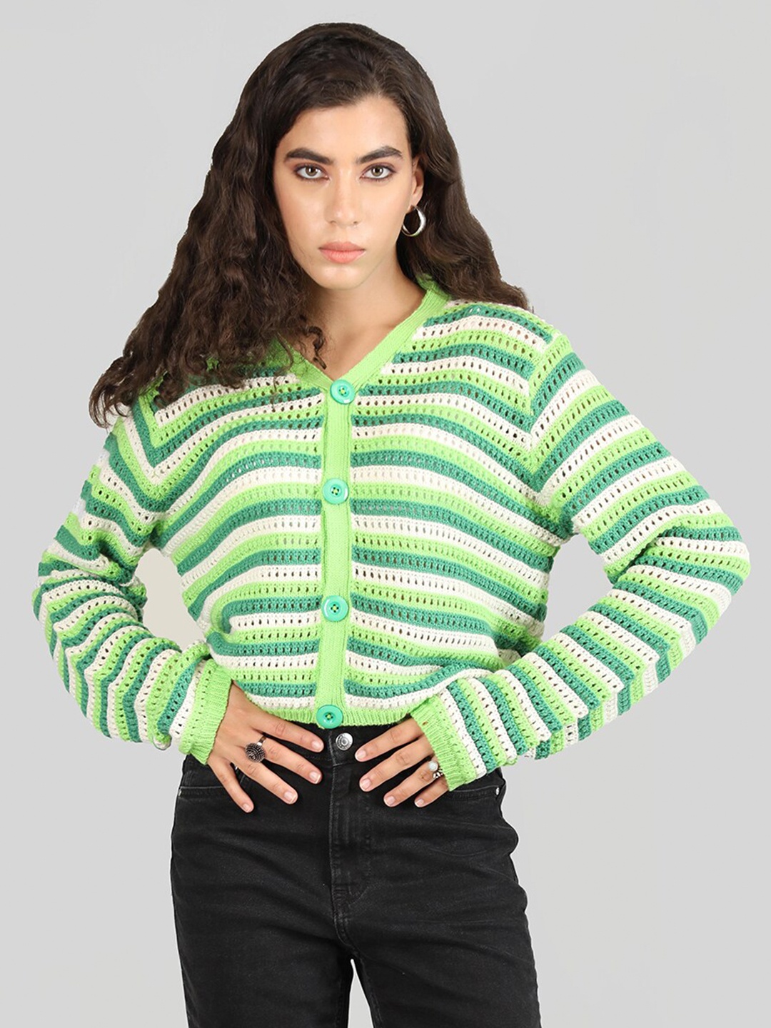 

Dlanxa Striped Acrylic Crochet Crop Top, Green