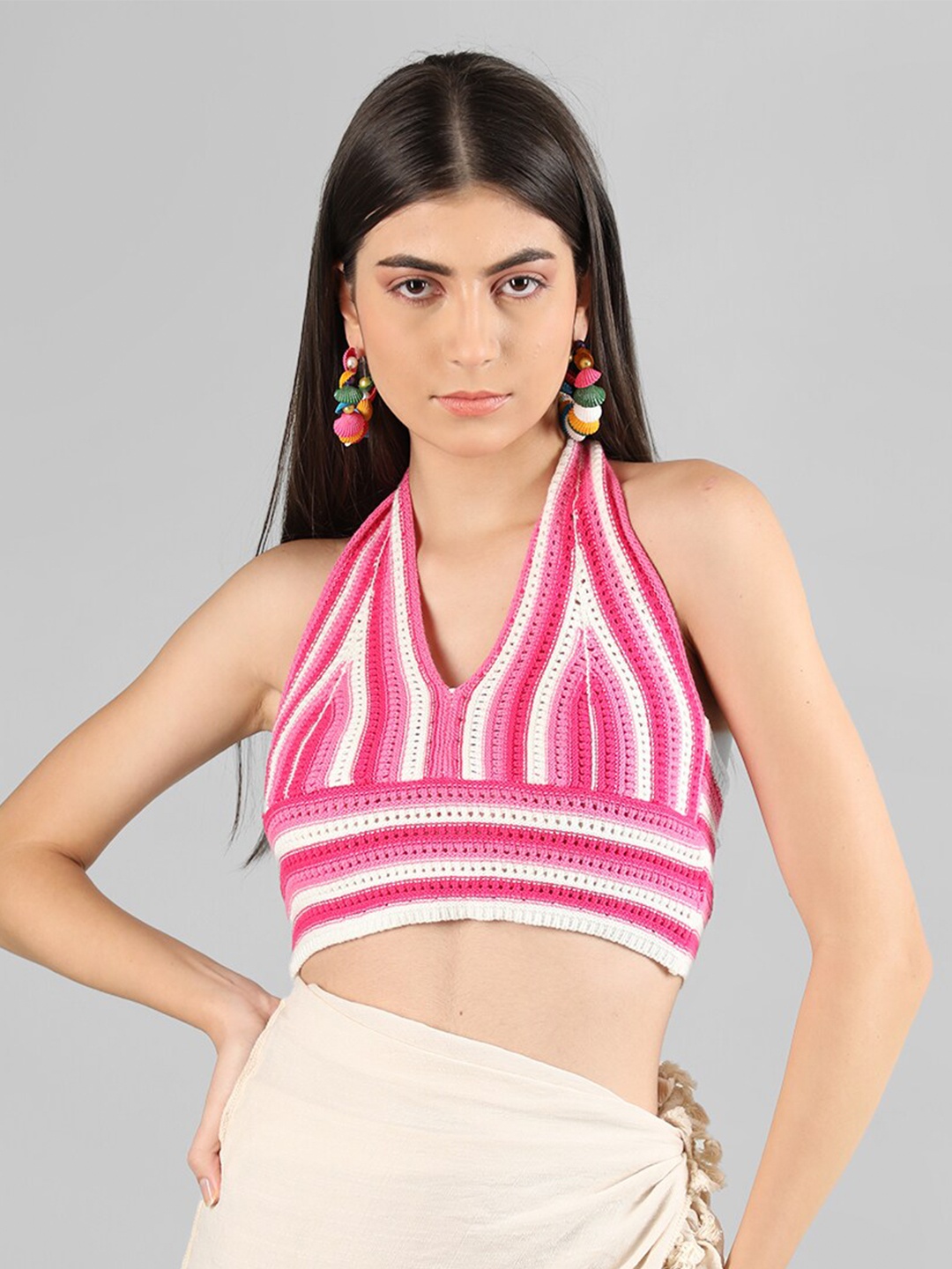 

Dlanxa Striped Halter Neck Crochet Crop Top, Pink