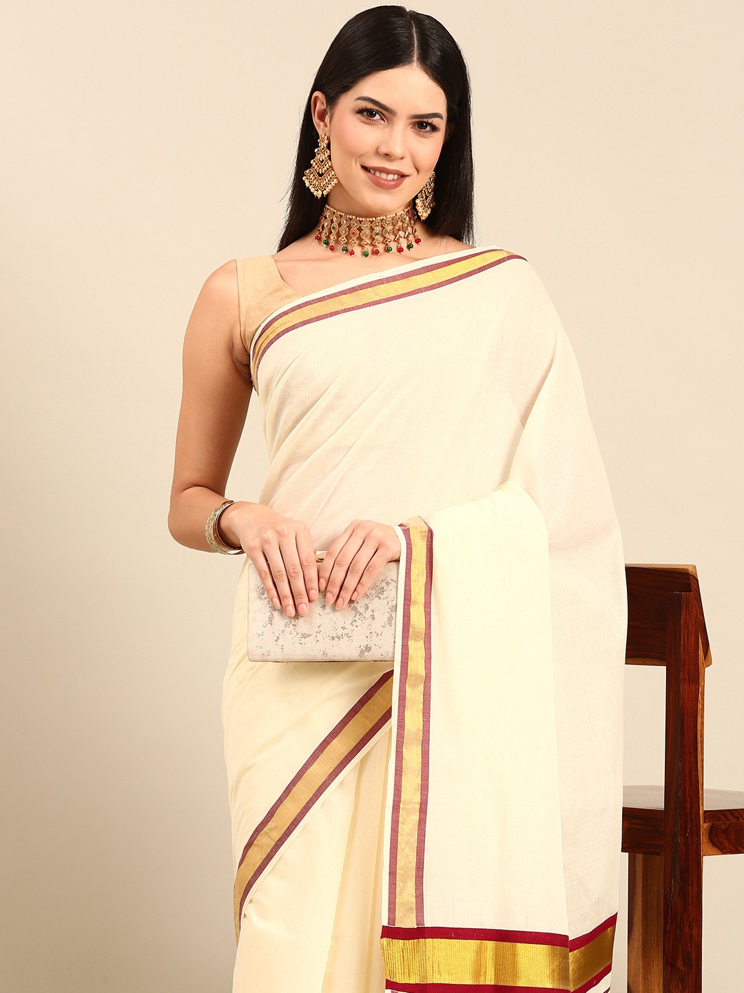 

Thara Sarees Pure Cotton Kasavu Saree, Off white
