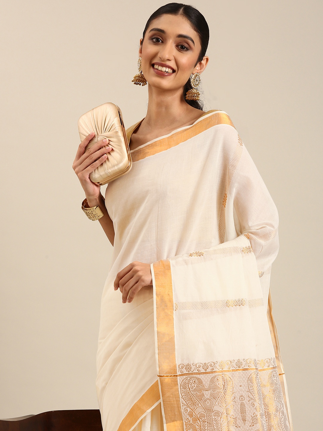 

Thara Sarees Ethnic Motifs Zari Pure Cotton Kasavu Saree, Off white