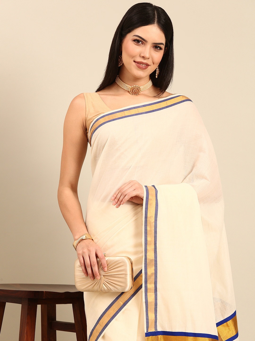 

Thara Sarees Pure Cotton Kasavu Saree, Off white