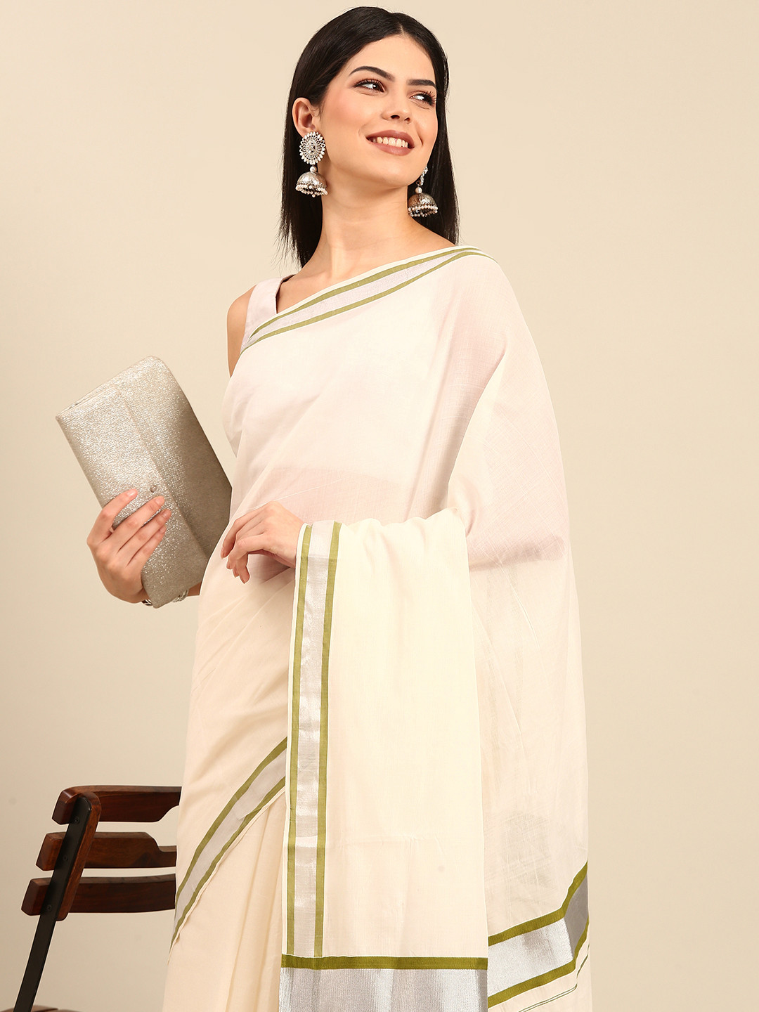 

Thara Sarees Pure Cotton Kasavu Saree, Off white