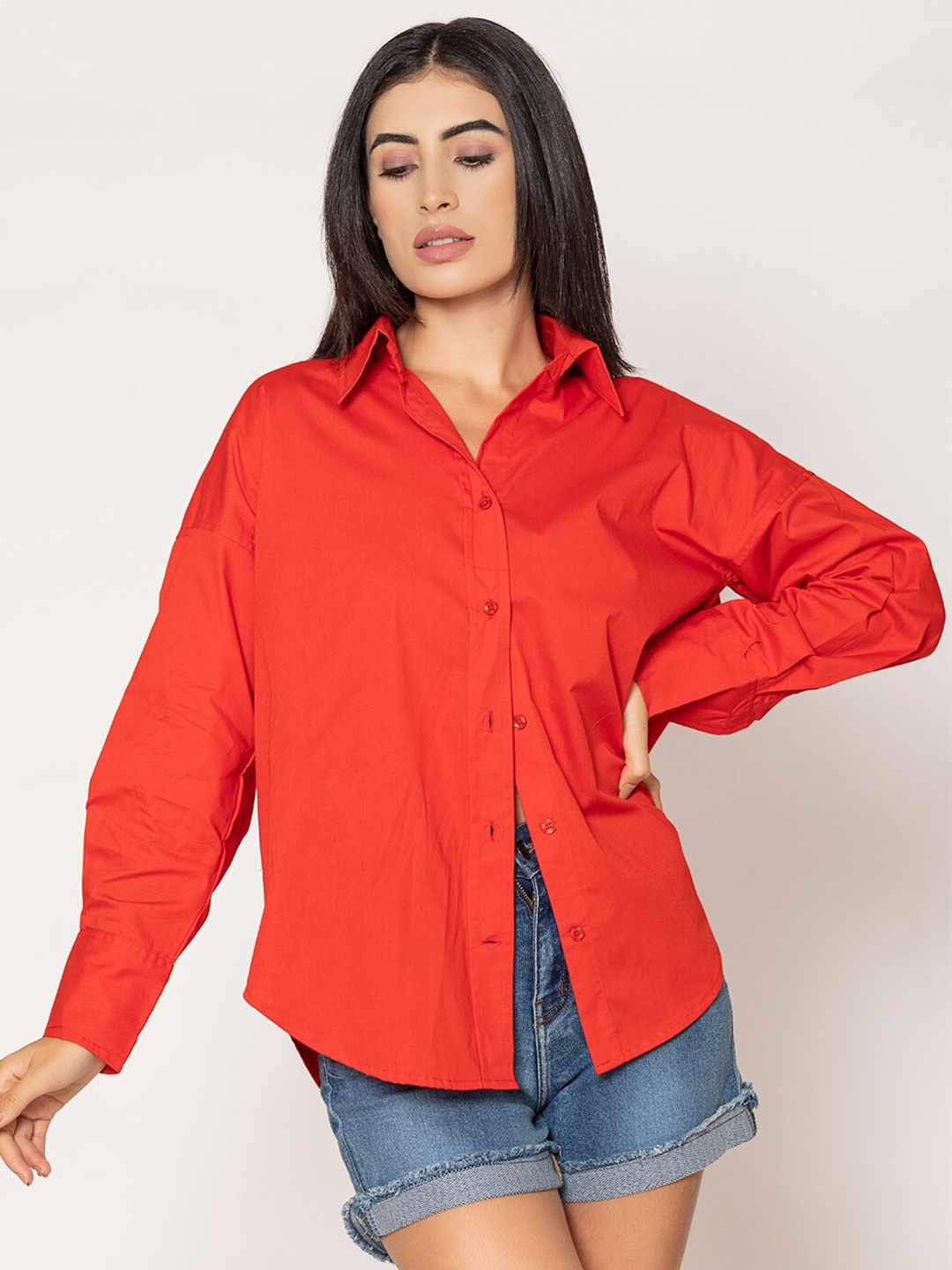 

Lounge Dreams Pure Cotton Oversized Poplin Shirt, Red