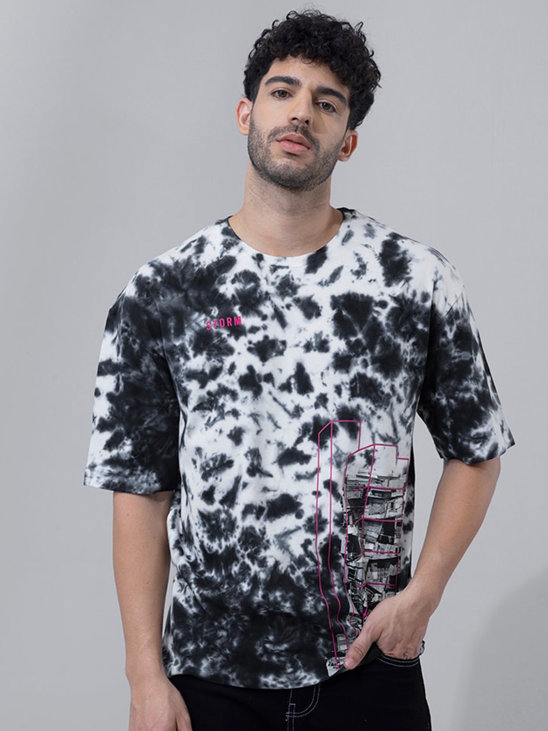 

Snitch Monochrome Tie & Dye Dyed Oversized Cotton T Shirt, Black