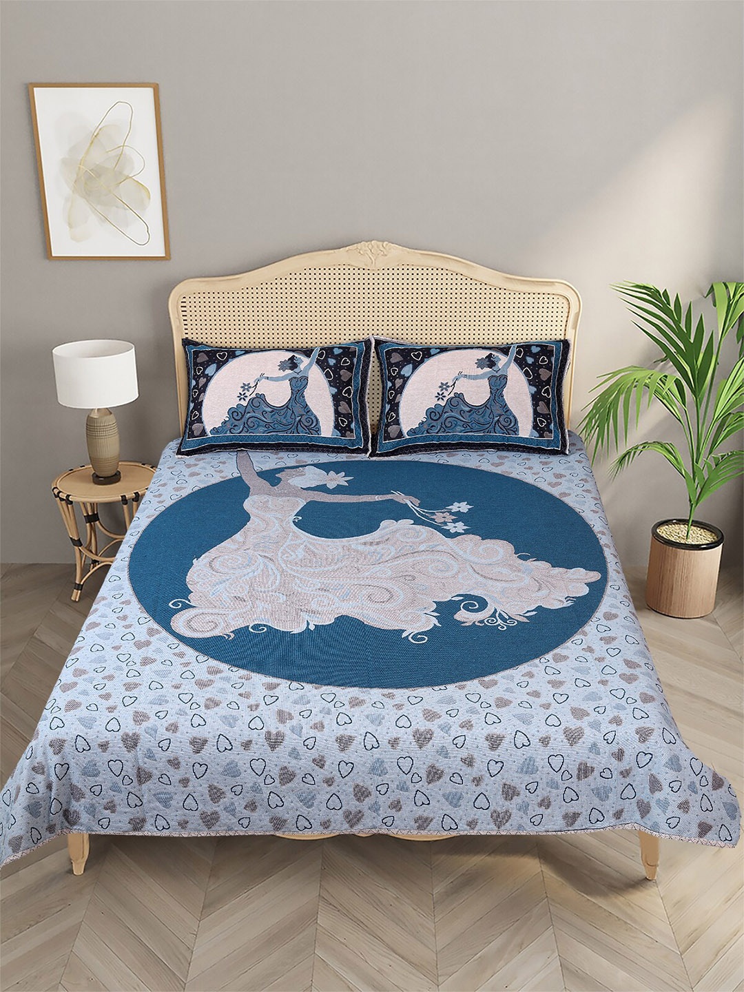 

ROMEE Blue Self-Designer Woven Pattern Reversible Double Bed Cover With 2 Pillow Covers, Black