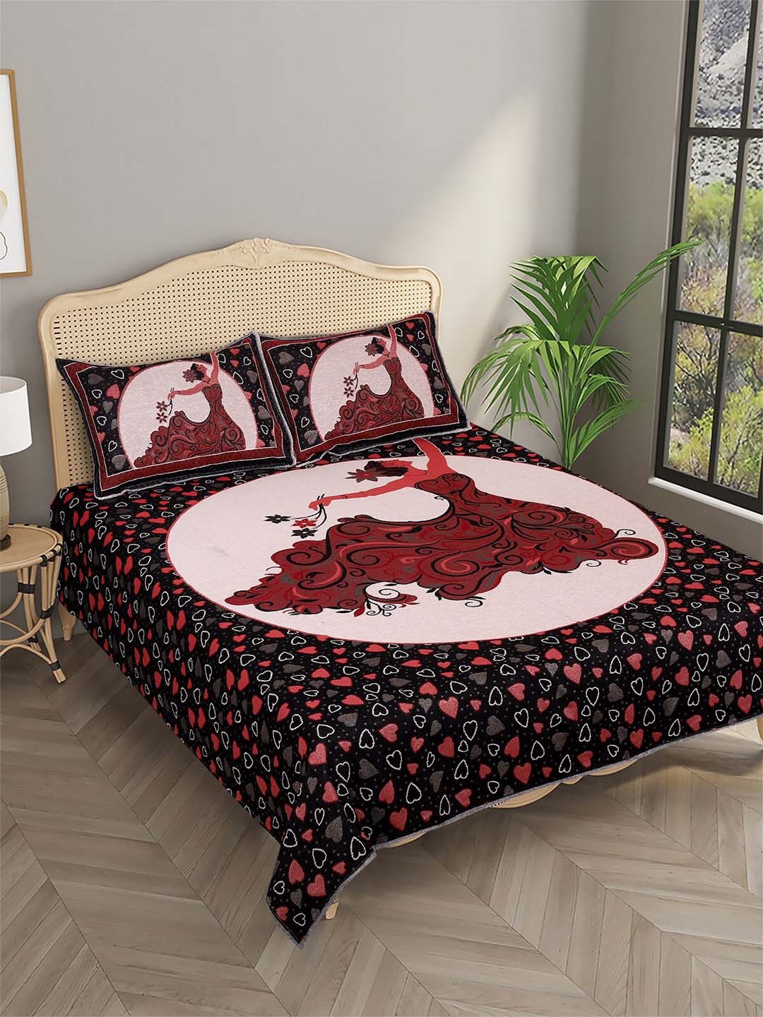 

ROMEE Maroon Self-Designer Woven Pattern Reversible Double Bed Cover With 2 Pillow Covers, Pink
