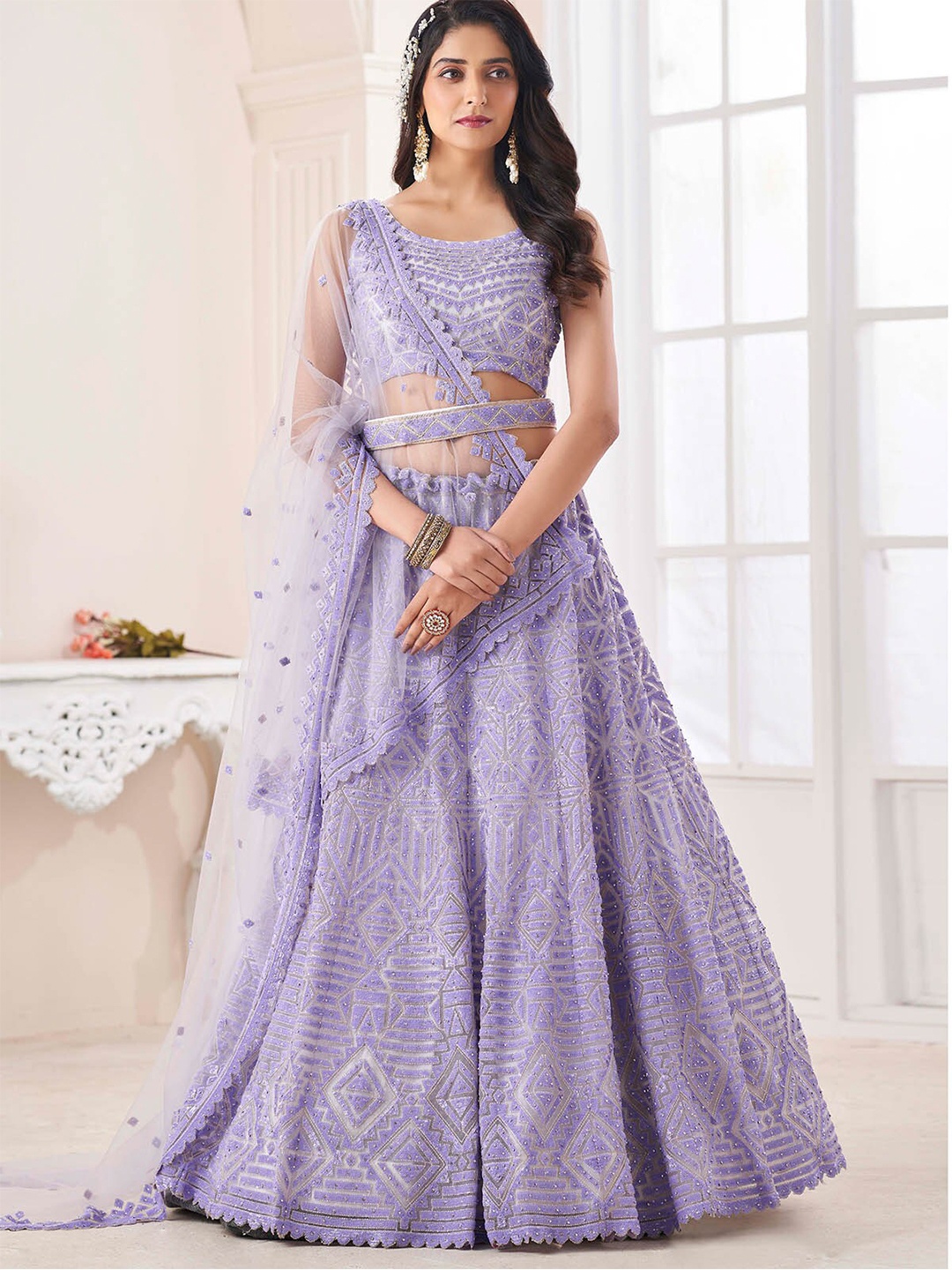 

ODETTE Embroidered Semi-Stitched Lehenga & Unstitched Blouse With Dupatta, Purple
