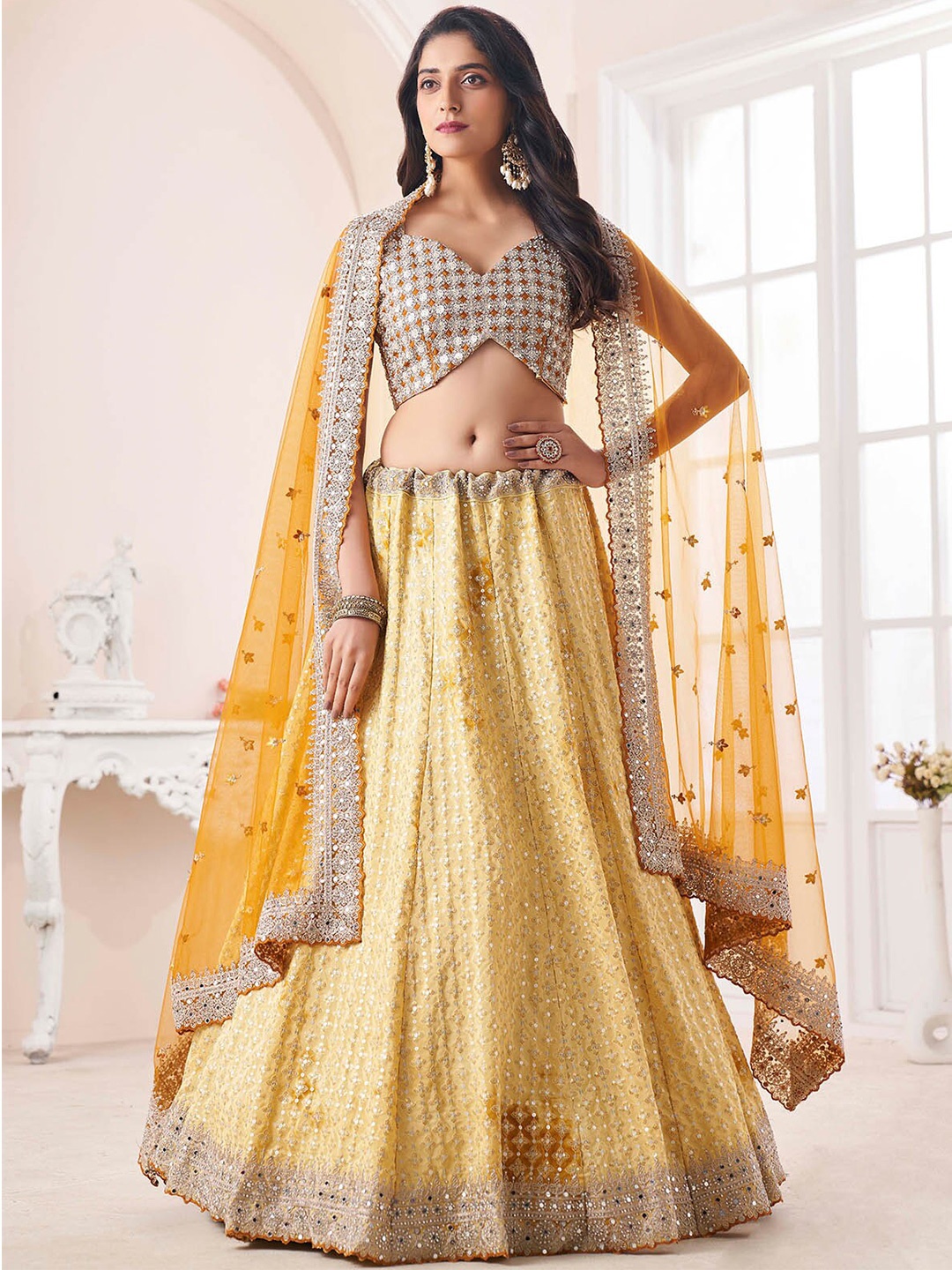 

ODETTE Embellished Semi-Stitched Lehenga & Unstitched Blouse With Dupatta, Yellow