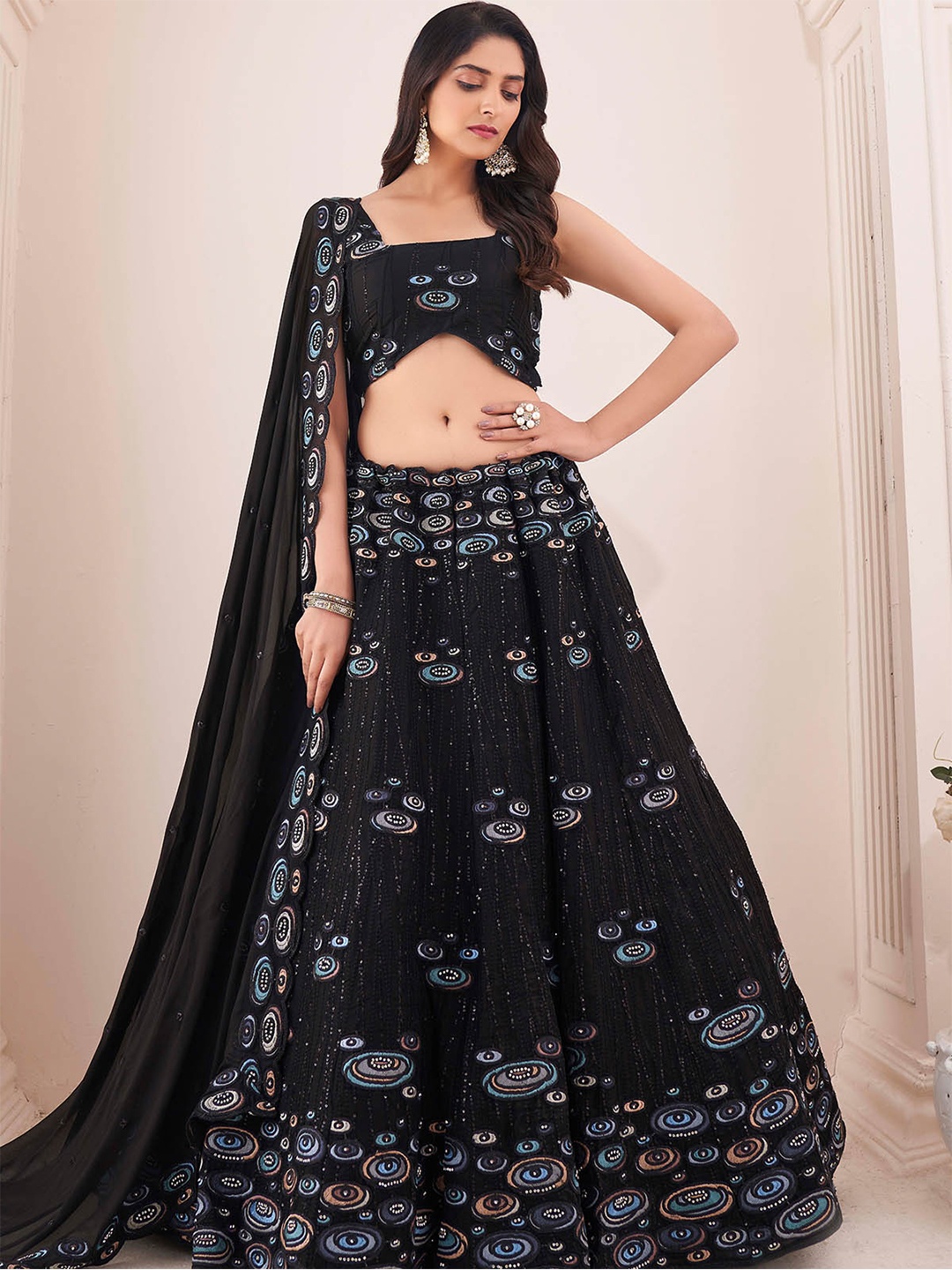 

ODETTE Embroidered Semi-Stitched Lehenga & Unstitched Blouse With Dupatta, Black