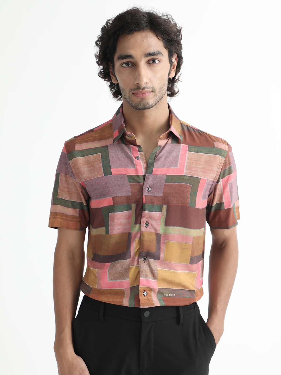 

RARE RABBIT Men Aether Slim Fit Geometric Printed Cotton Shirt, Mustard