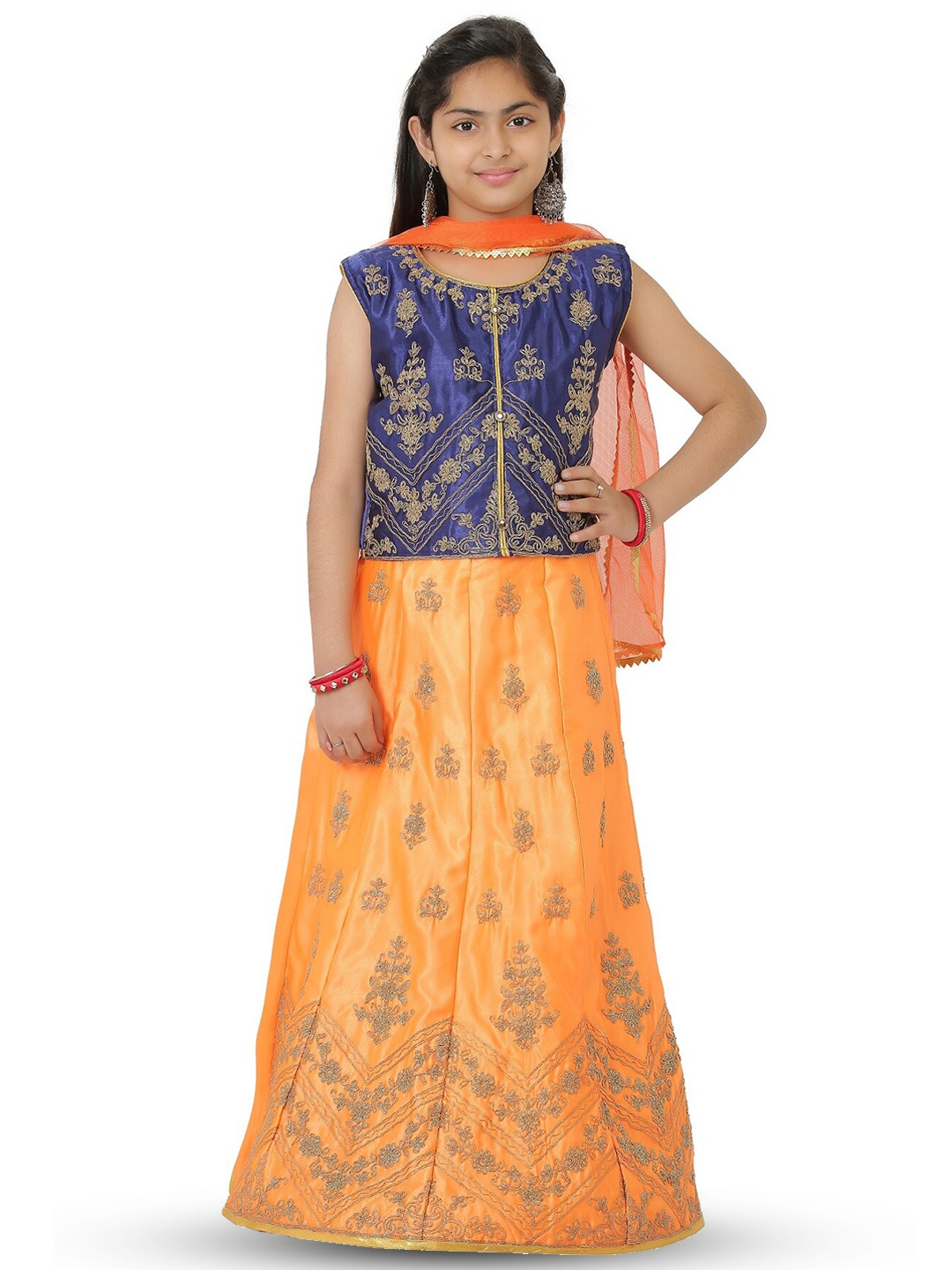 

SmartRAHO Girls Embroidered Thread Work Ready to Wear Lehenga & Blouse With Dupatta, Orange