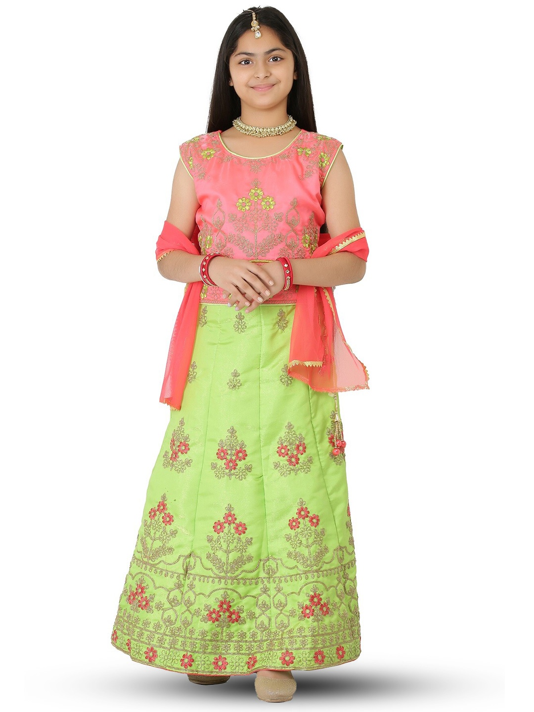 

SmartRAHO Girls Embroidered Thread Work Ready to Wear Lehenga & Blouse With Dupatta, Green