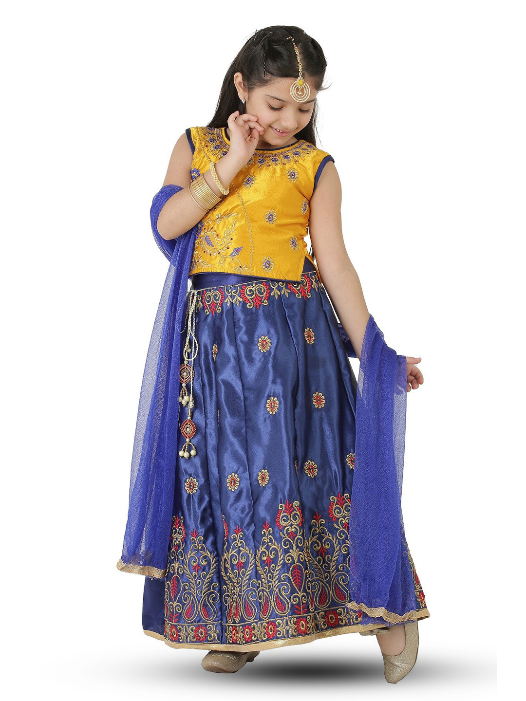 

SmartRAHO Girls Embroidered Thread Work Ready to Wear Lehenga & Blouse With Dupatta, Yellow